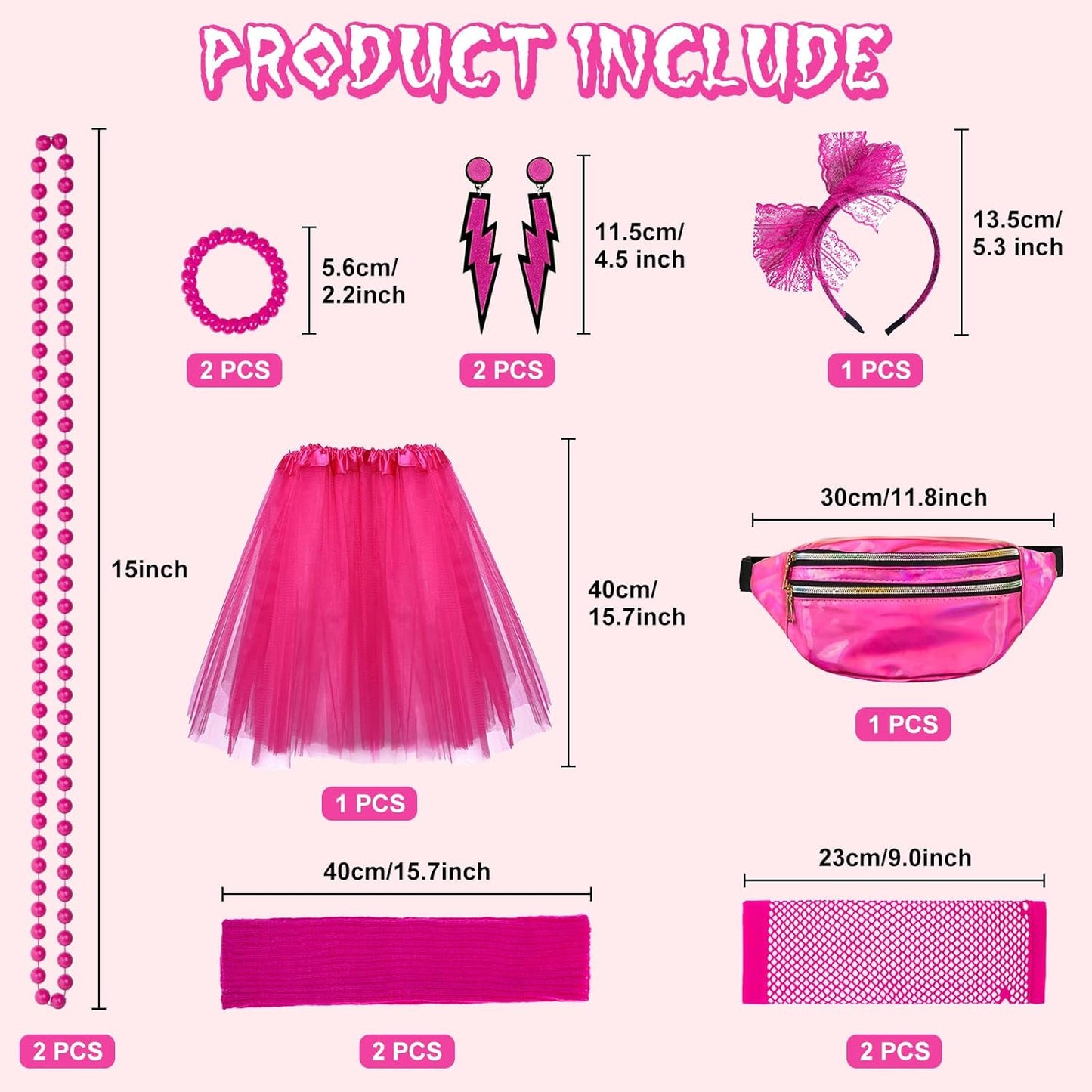 80S Costumes for Women, 80S Fancy Dress Costume Accessories Set, Headband Earrings Fishnet Gloves Necklace Bracelet for 80S Retro Party Ladies Girls Pink