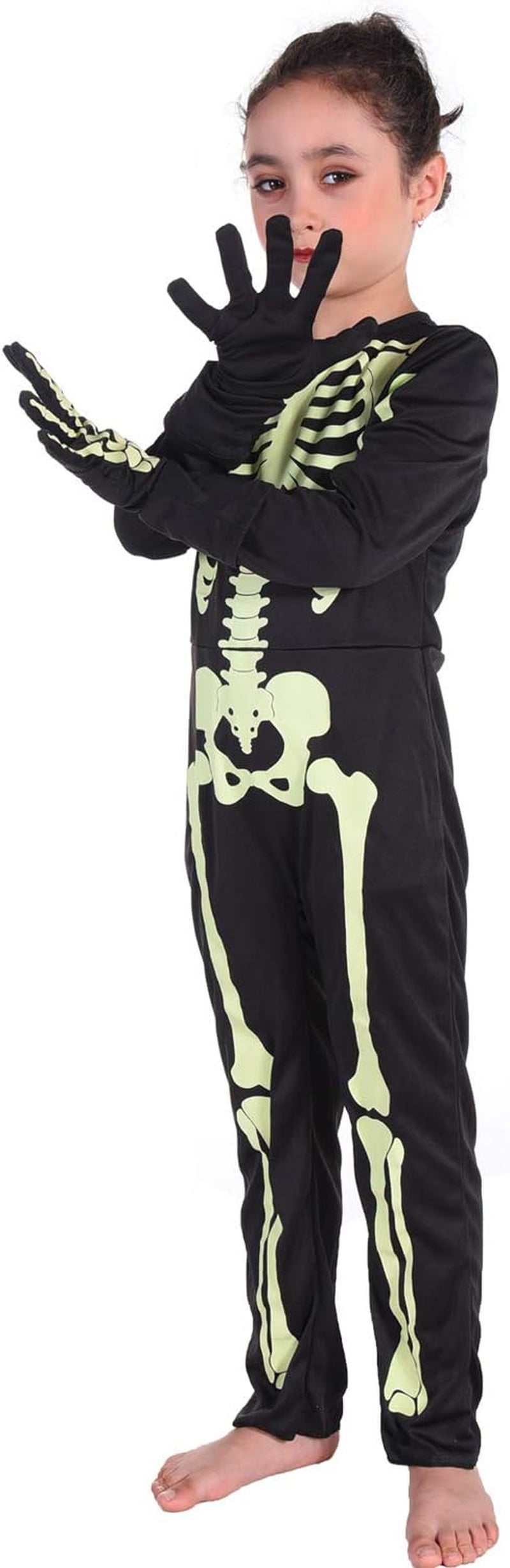 Kids Halloween Skeleton Costumes Glow in the Dark White Bones Stretch Body Suit for Boys Girls
