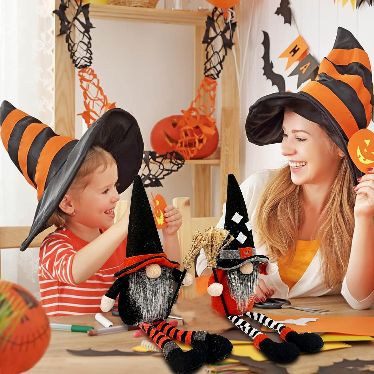 2PC Halloween Witch Gnomes Plush with Broom,Faceless Gnome Plush Long Legs Halloween Ornaments for Halloween Holiday Party Decor,Halloween Gnome Gifts