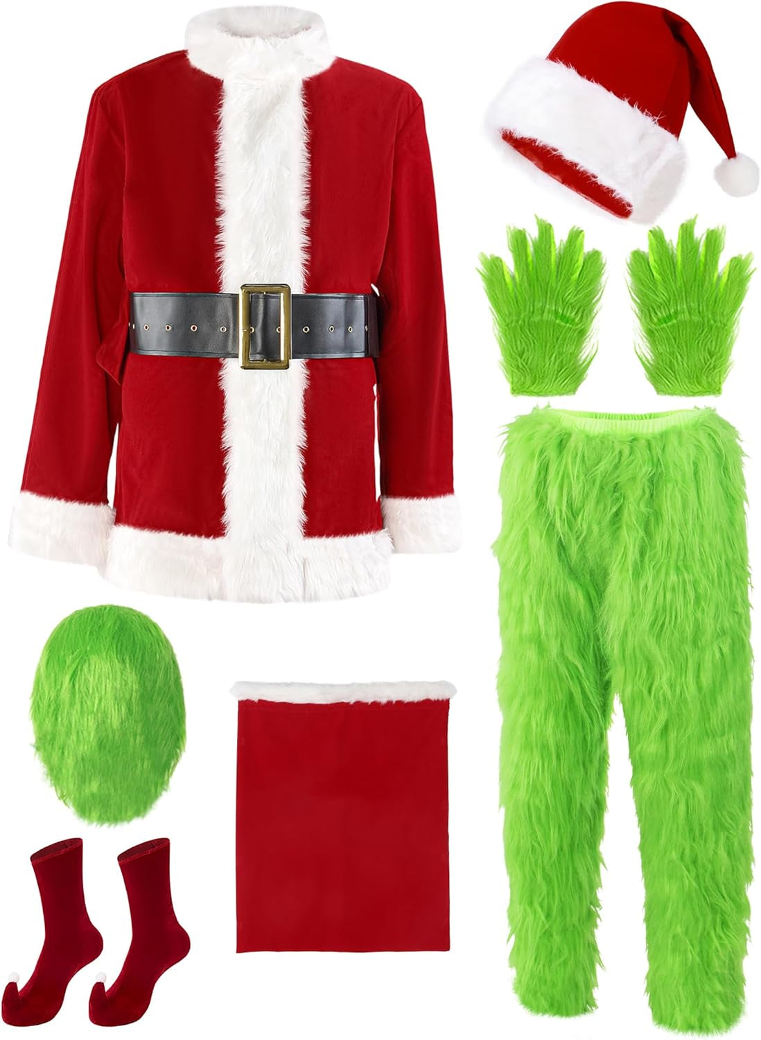 Christmas Costume for Men Santa Suit Adult 8PCS Deluxe Furry Green Giant Monster for Halloween Outfit Holiday Cosplay