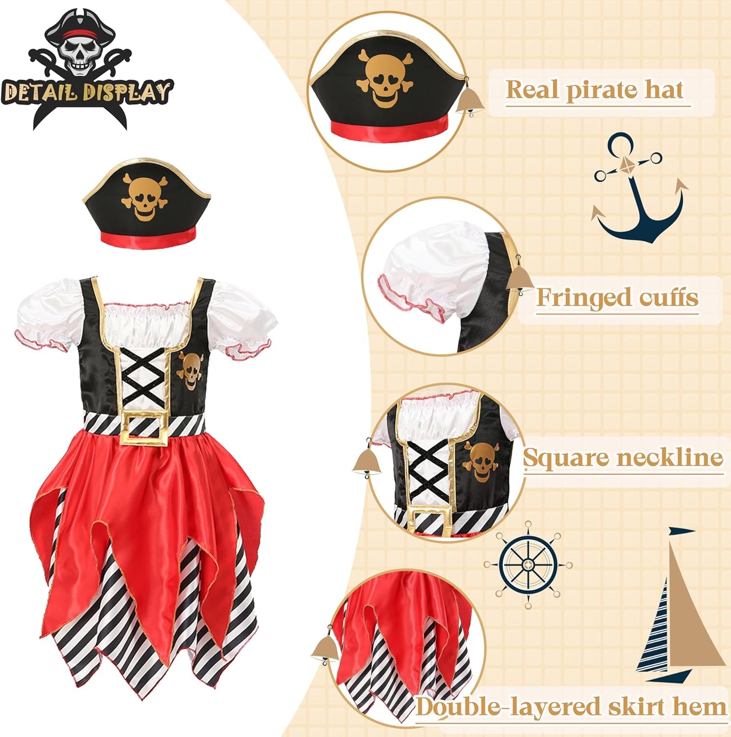 Girls Deluxe Pirate Costume,Buccaneer Princess Dress for Kids