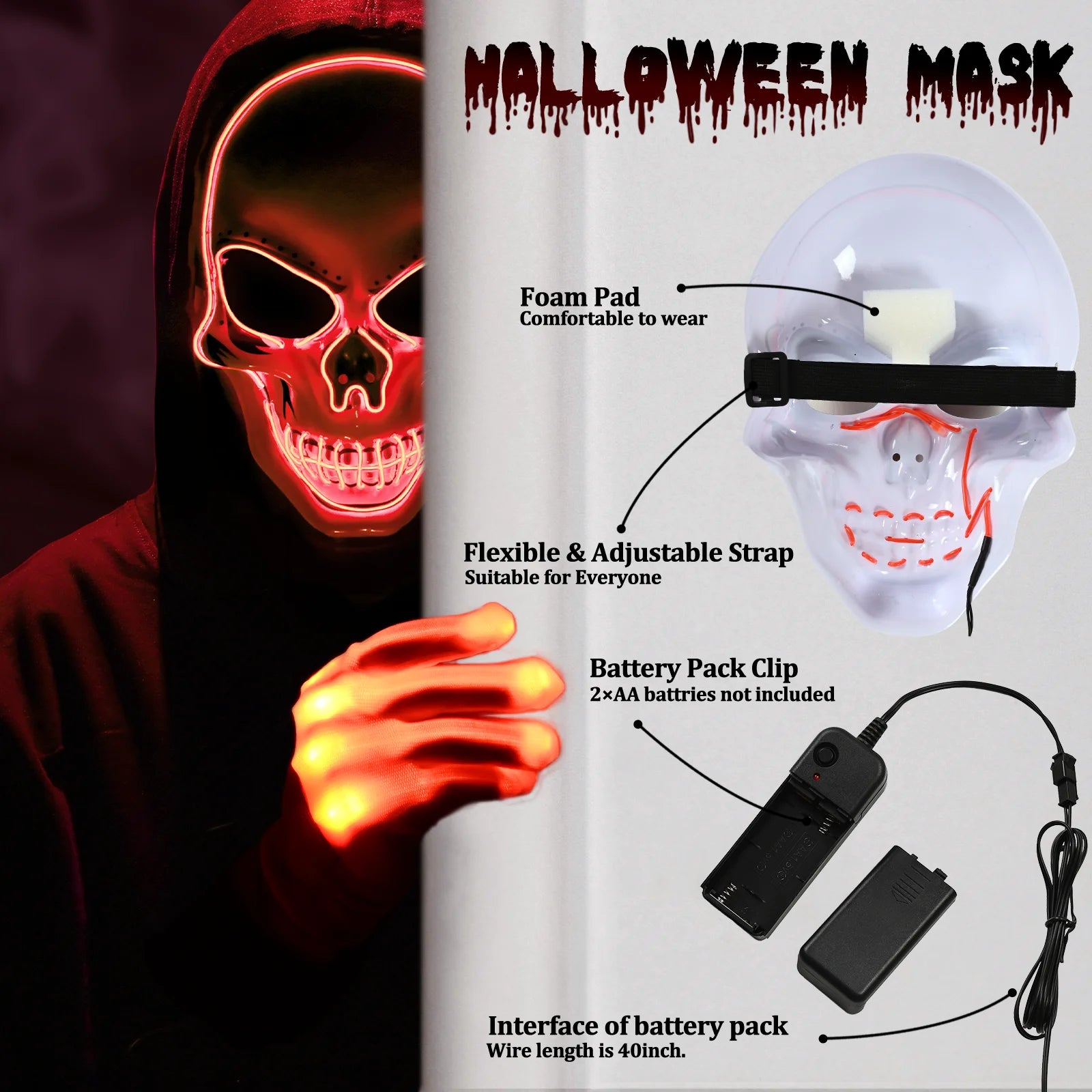Halloween Mask LED Light up Glow Gloves Perfect for Festival Cosplay Halloween Costume Parties Men and Women(Red)