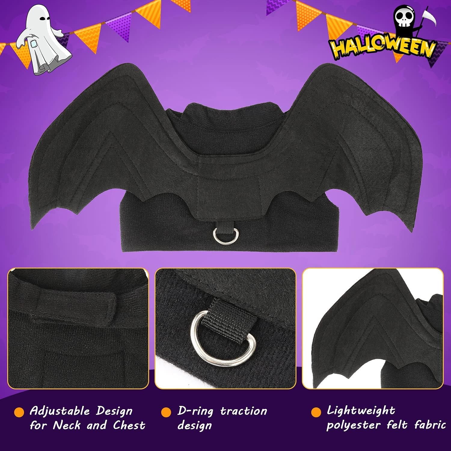 Bat Wings Pet Costume, Polyester Felt Cloth, Small, Halloween, Unisex, Durable, Easy to Clean, Bat Wings Costume for Small Dogs Cats