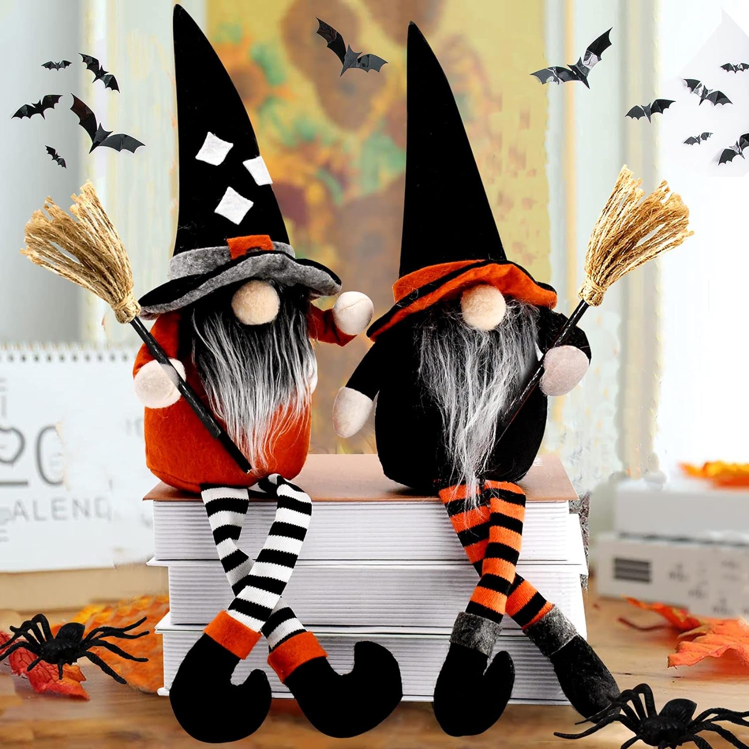 2PC Halloween Witch Gnomes Plush with Broom,Faceless Gnome Plush Long Legs Halloween Ornaments for Halloween Holiday Party Decor,Halloween Gnome Gifts