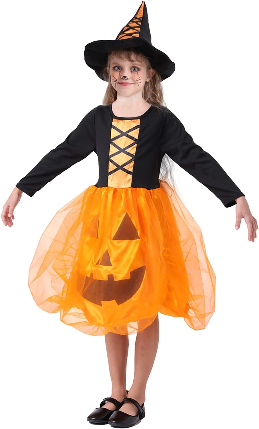 Pumpkin Costume with Witch Hat for Girls, Orange Pumpkin Dress with Long Sleeve for Cosplay, Costume,Birthday, Christmas Day Party (Large)