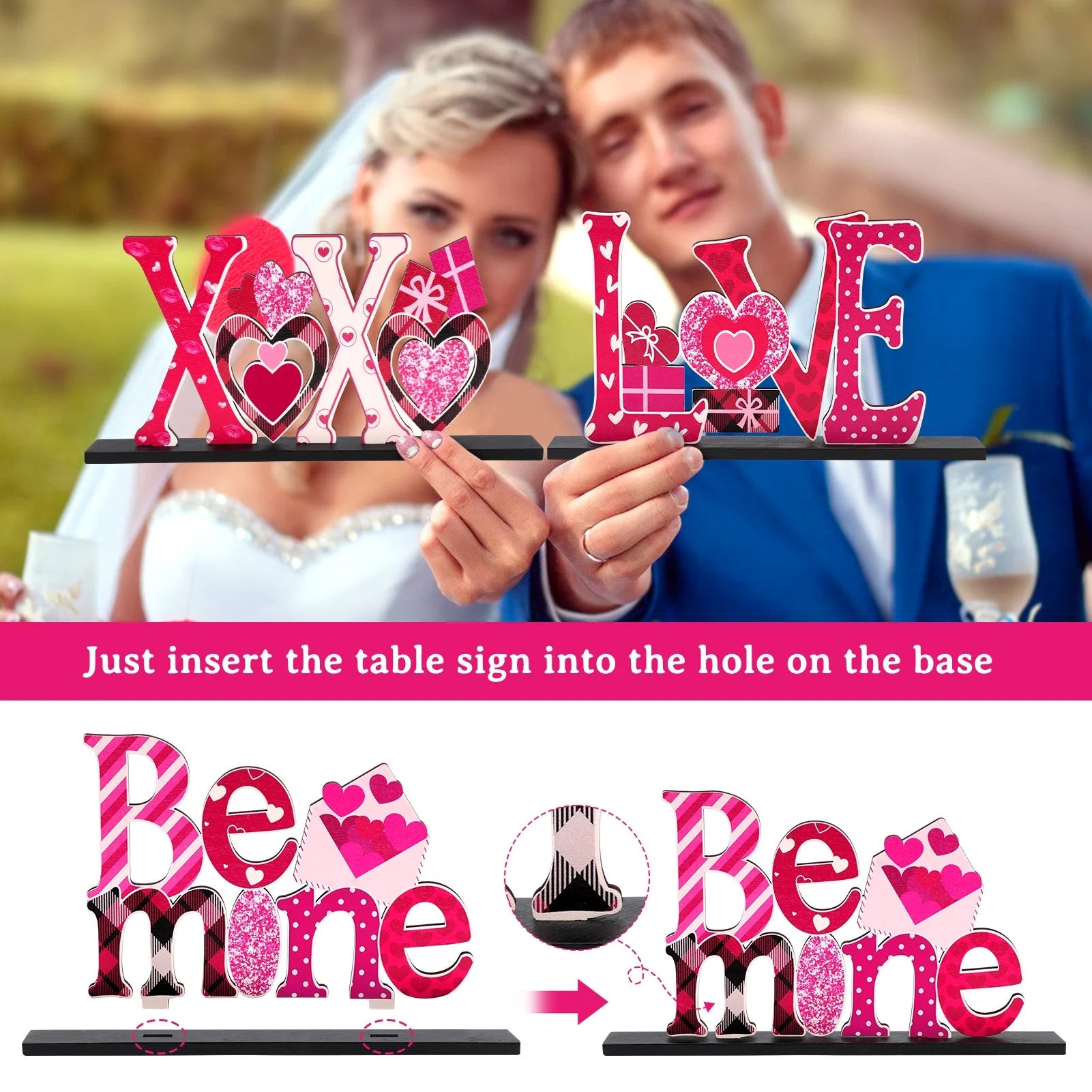 4 Pcs Valentine'S Day Decorations Love Wooden Table Sign, Romantic Tabletop Centerpiece Signs Ornaments for Gift Dining Room Table Wedding Anniversary Party Supplies Décor Tray Decor