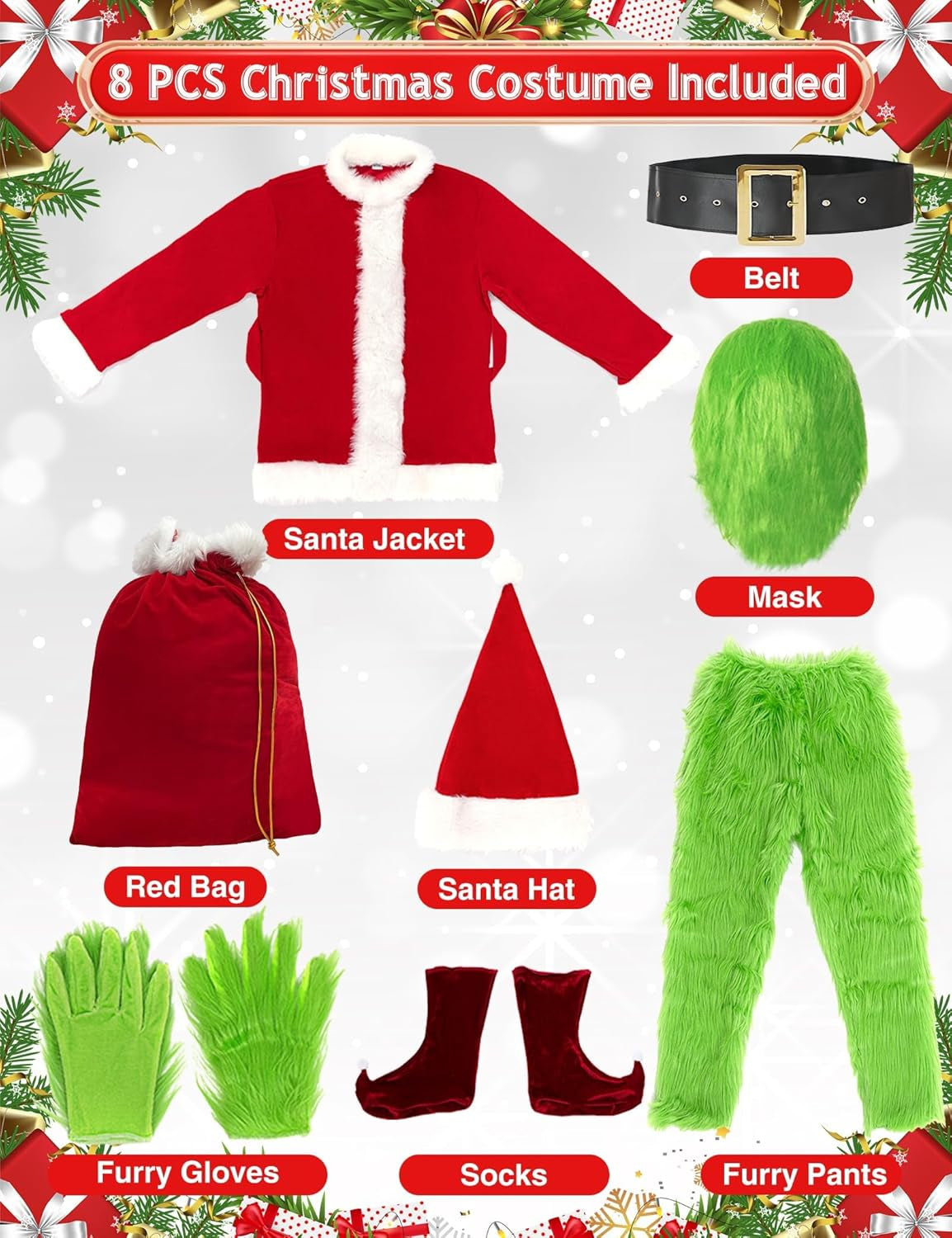 Christmas Costume for Men Santa Suit Adult 8PCS Deluxe Furry Green Giant Monster for Halloween Outfit Holiday Cosplay