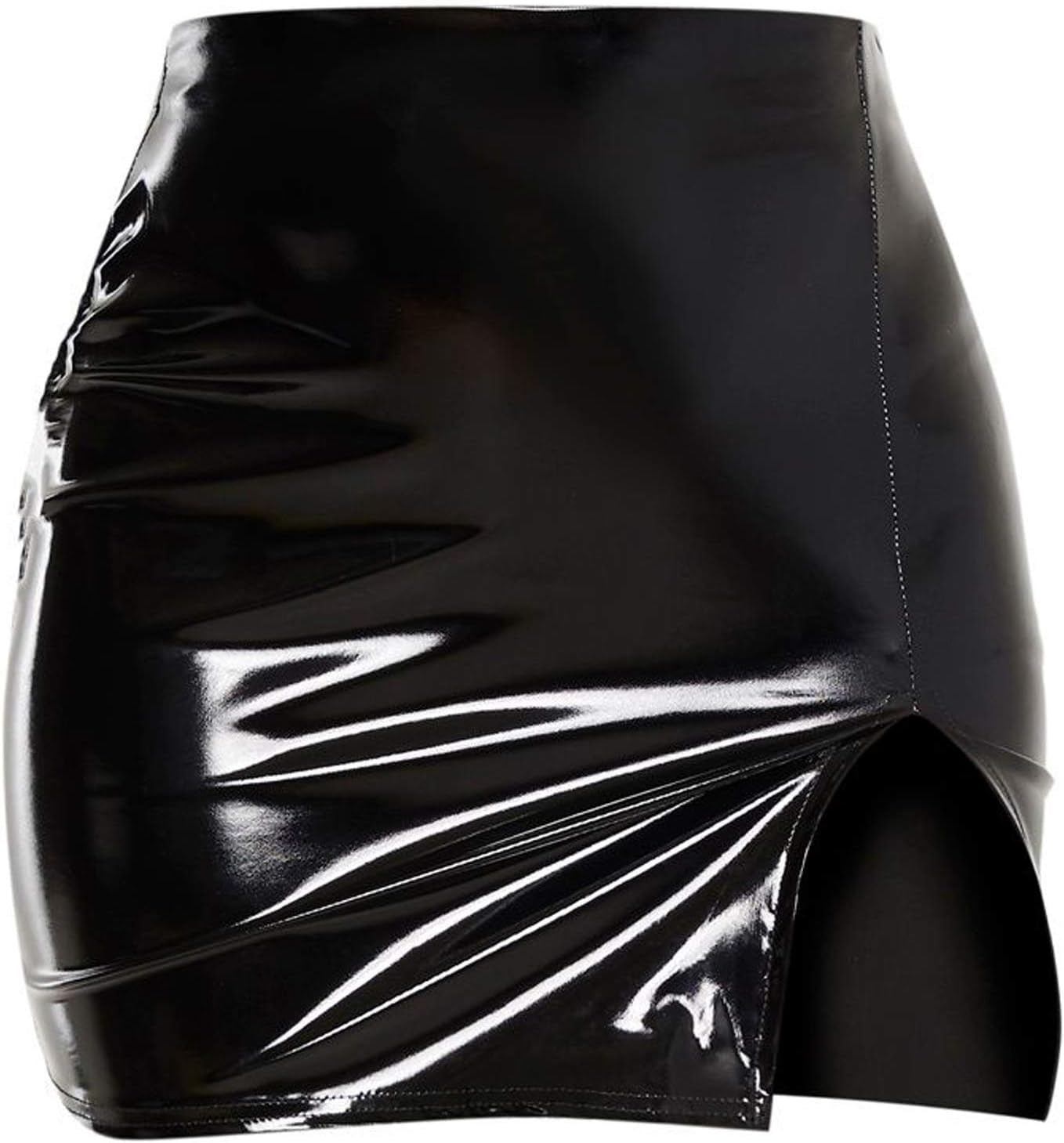 Women'S Black Leather Mini Skirt Slim Cut High Waist Elastic Pencil Latex Skirt with Zip Front (M, Black Vinyl Extreme Side Split Mini Skirt)