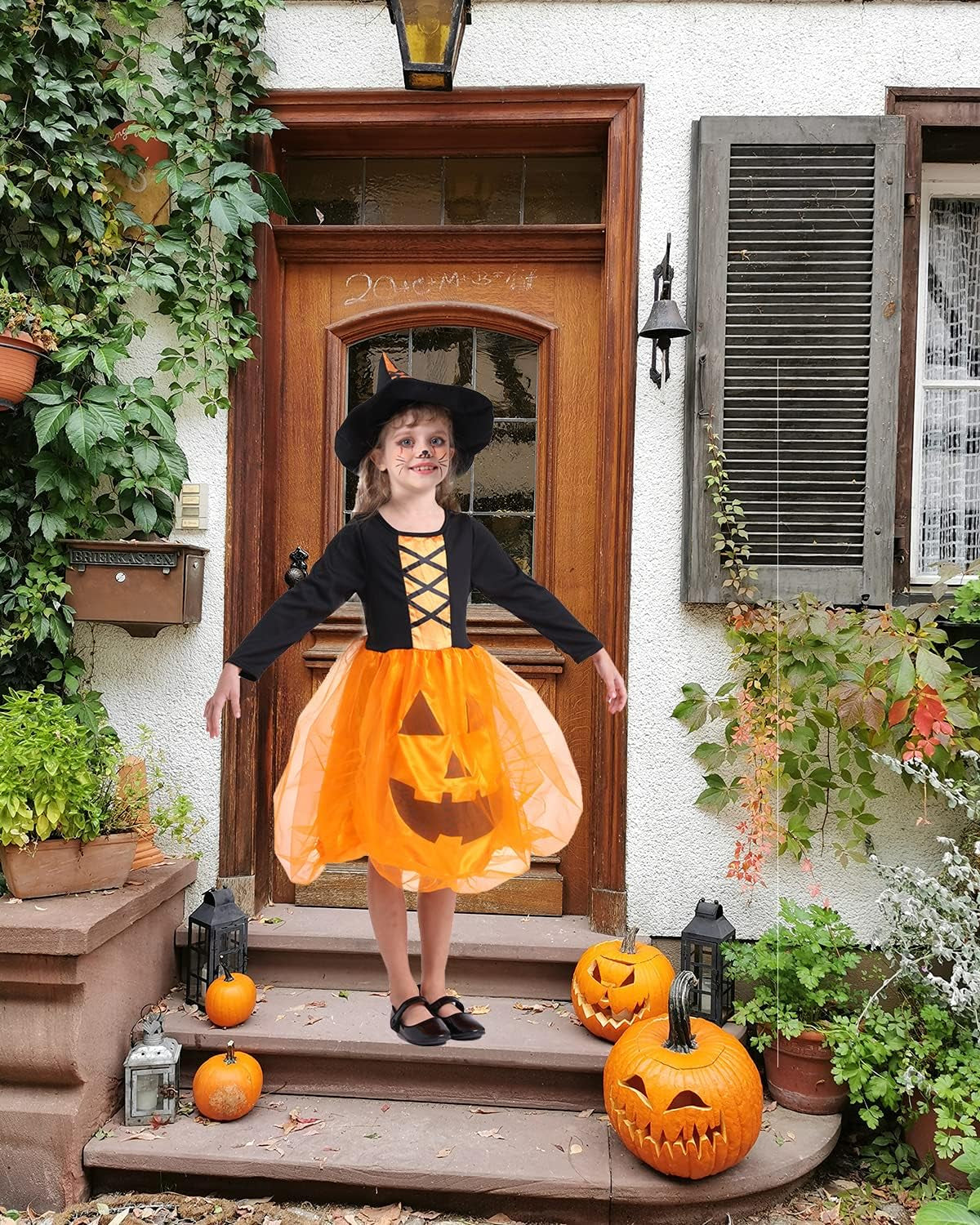 Pumpkin Costume with Witch Hat for Girls, Orange Pumpkin Dress with Long Sleeve for Cosplay, Costume,Birthday, Christmas Day Party (Large)