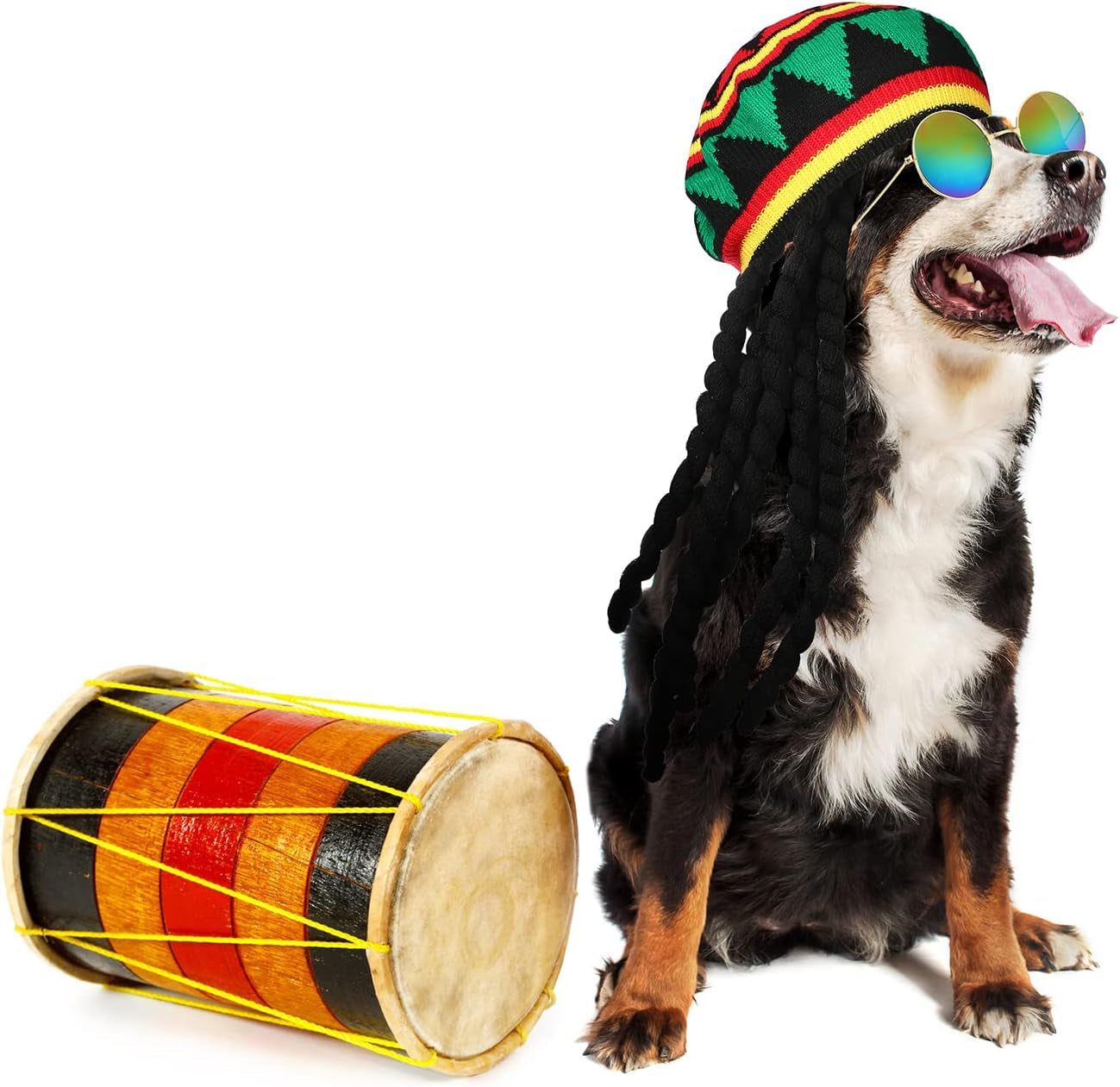 Rasta Costumes Hat with Dreadlock Wig Tie Dye T Shirt for Men Women Sunglasses Reggae Accessories 3 Pcs