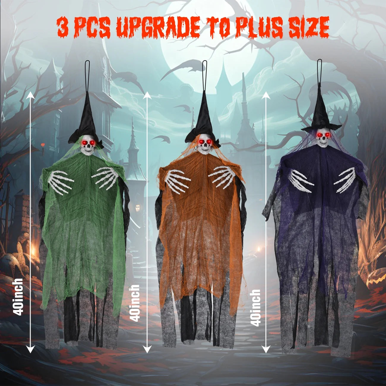 Halloween Hanging Grim Reapers 3 Pack 47" Hanging Skeleton Ghost Decorations Outdoor with Glowing Eyes for Halloween Haunted House Props Yard Outdoor Halloween Decorations