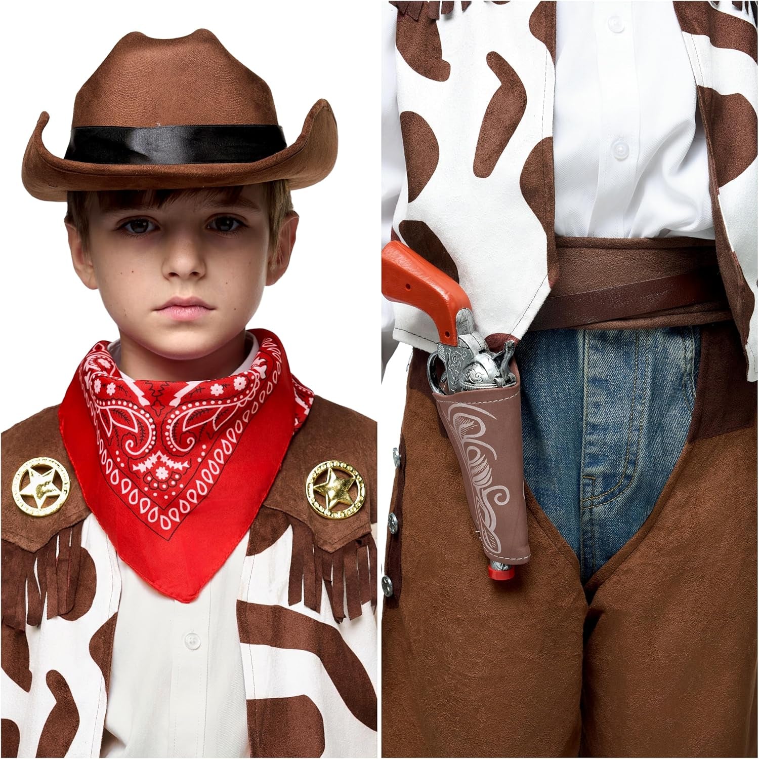 Halloween Cowboy Hat Costume for Boys, Kids White Brown Western Costume, Deluxe Cowboy Outfit Set for Toddler Halloween Roleplay Themed Party (3T, 3-4 Yrs)
