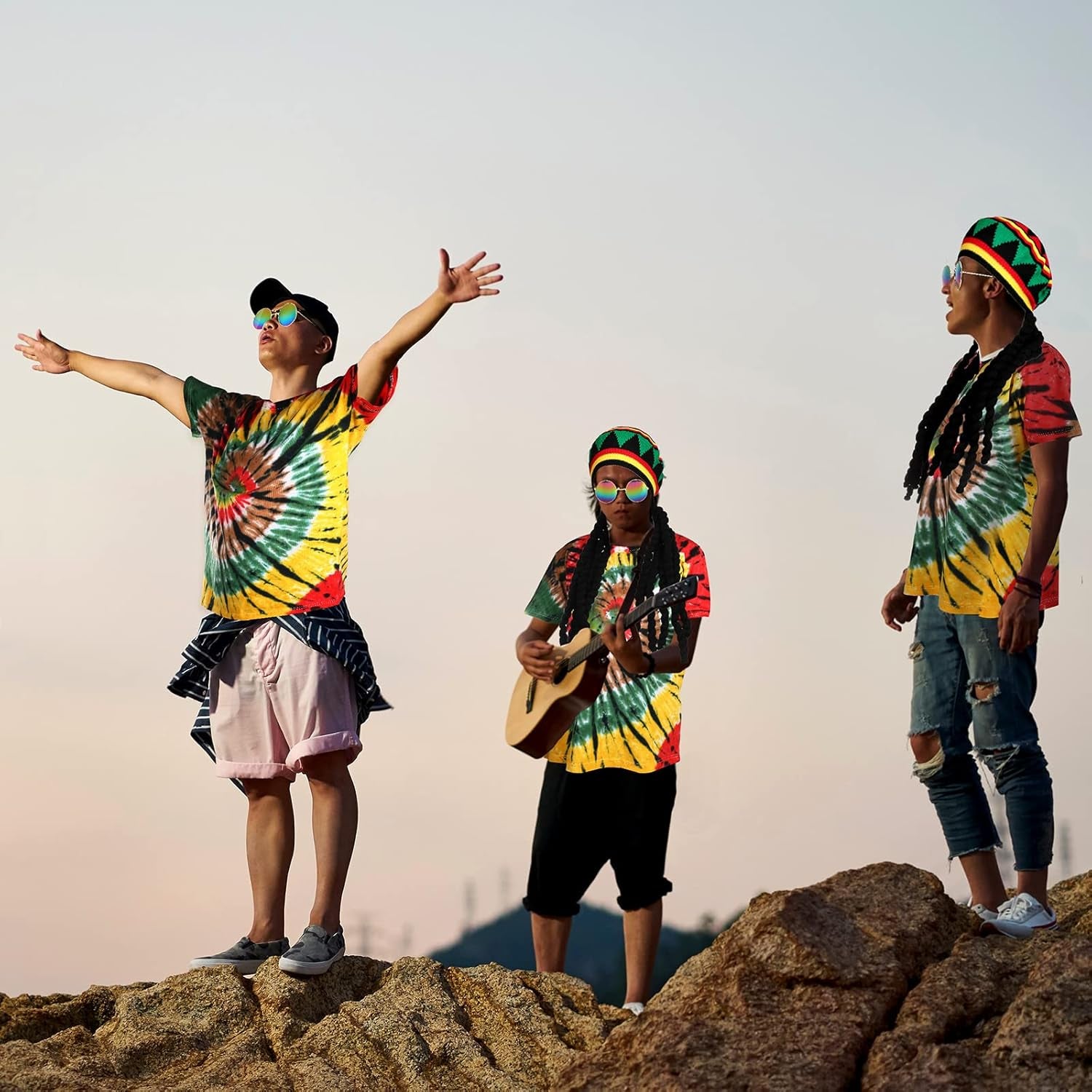Rasta Costumes Hat with Dreadlock Wig Tie Dye T Shirt for Men Women Sunglasses Reggae Accessories 3 Pcs