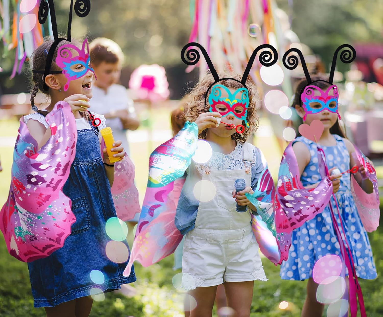 6 Pcs Kids Fairy Butterfly-Wings for Girls Halloween-Costumes with Antenna Headband Mask Party Favors
