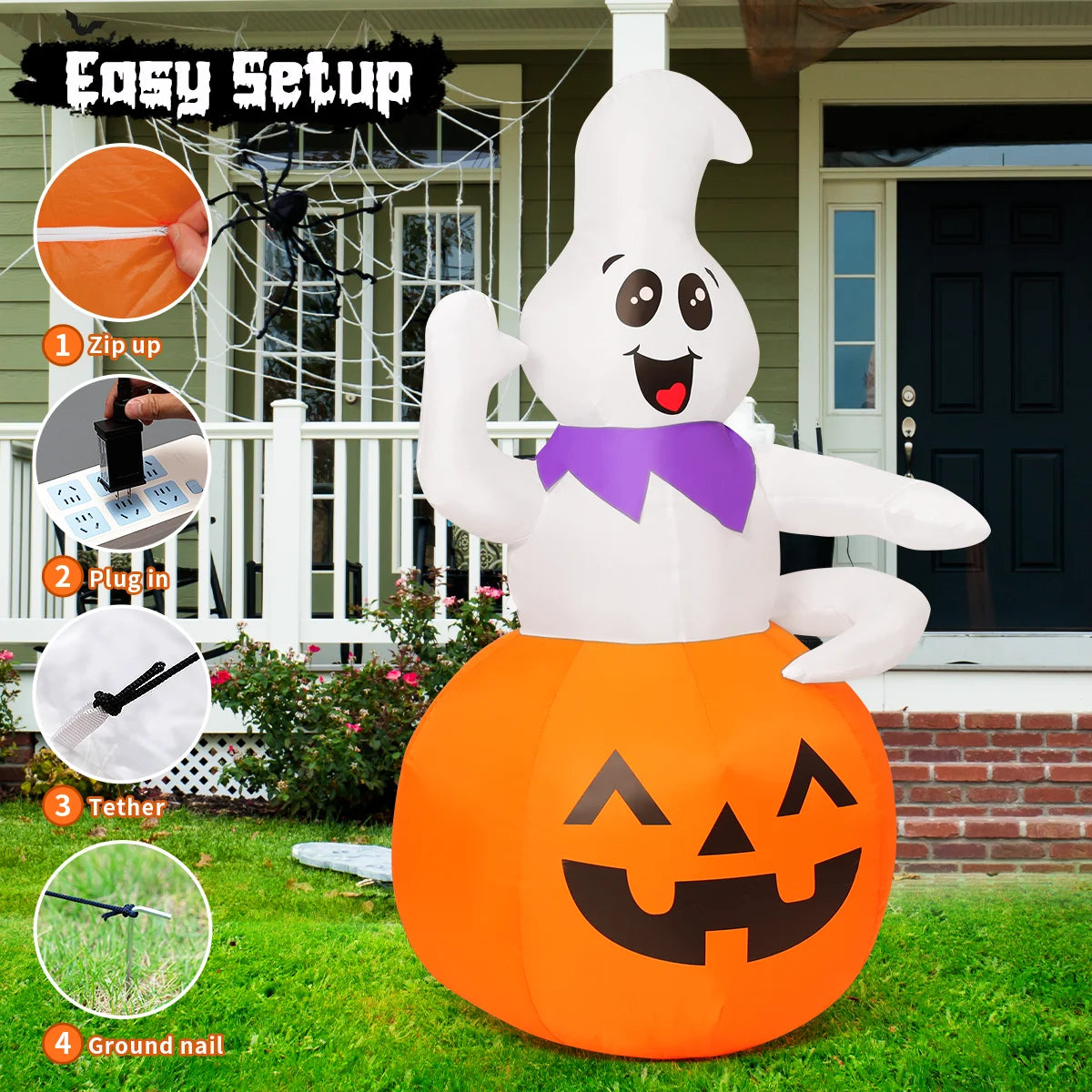 Halloween Inflatable 5 FT Pumpkin Ghost Inflatable, Cute Ghost Pumpkin Inflatable Halloween Blow up Decorations with LED Lights, Outdoor Halloween Decorations Clearance for Halloween/Holiday