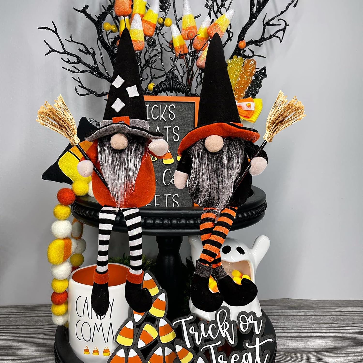 2PC Halloween Witch Gnomes Plush with Broom,Faceless Gnome Plush Long Legs Halloween Ornaments for Halloween Holiday Party Decor,Halloween Gnome Gifts