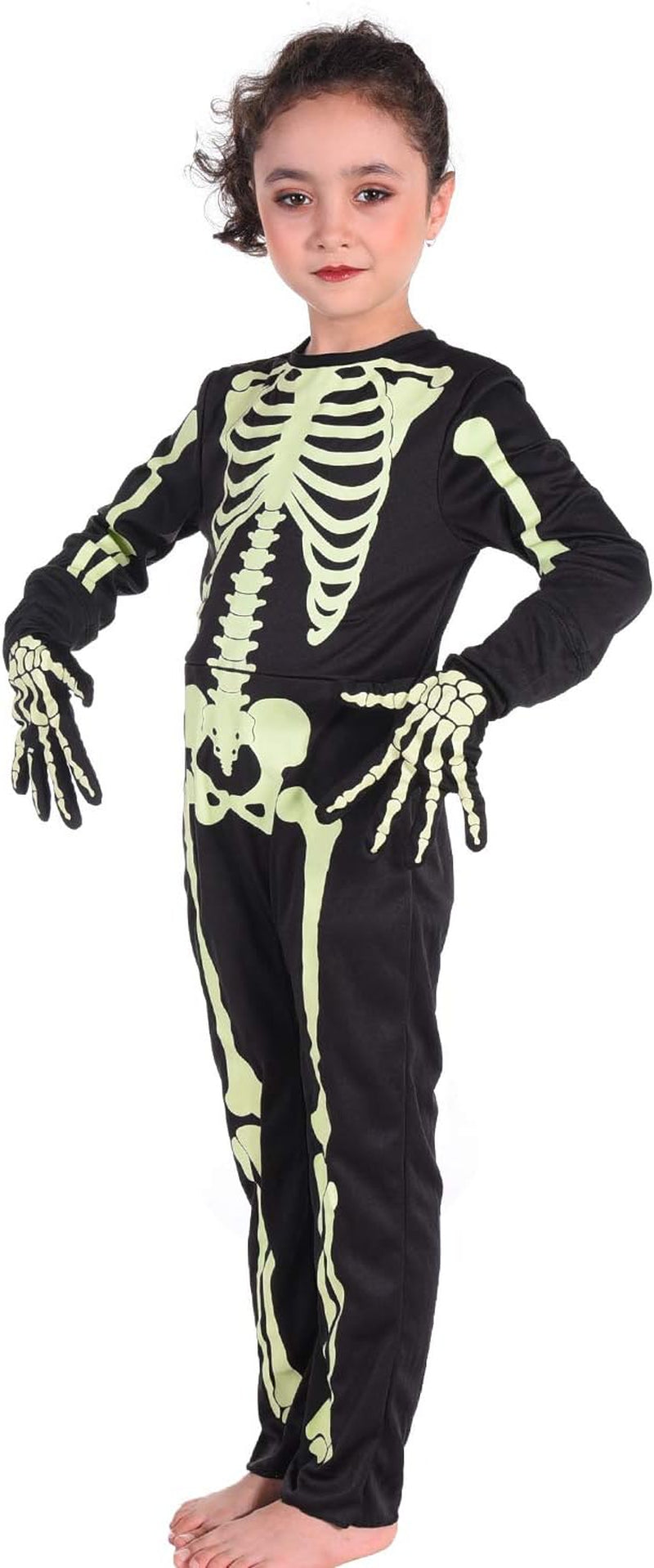 Kids Halloween Skeleton Costumes Glow in the Dark White Bones Stretch Body Suit for Boys Girls