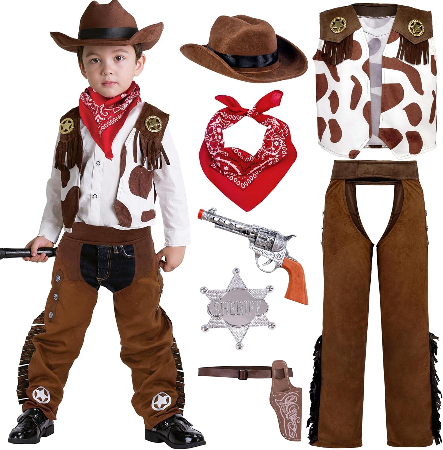 Halloween Cowboy Hat Costume for Boys, Kids White Brown Western Costume, Deluxe Cowboy Outfit Set for Toddler Halloween Roleplay Themed Party (3T, 3-4 Yrs)