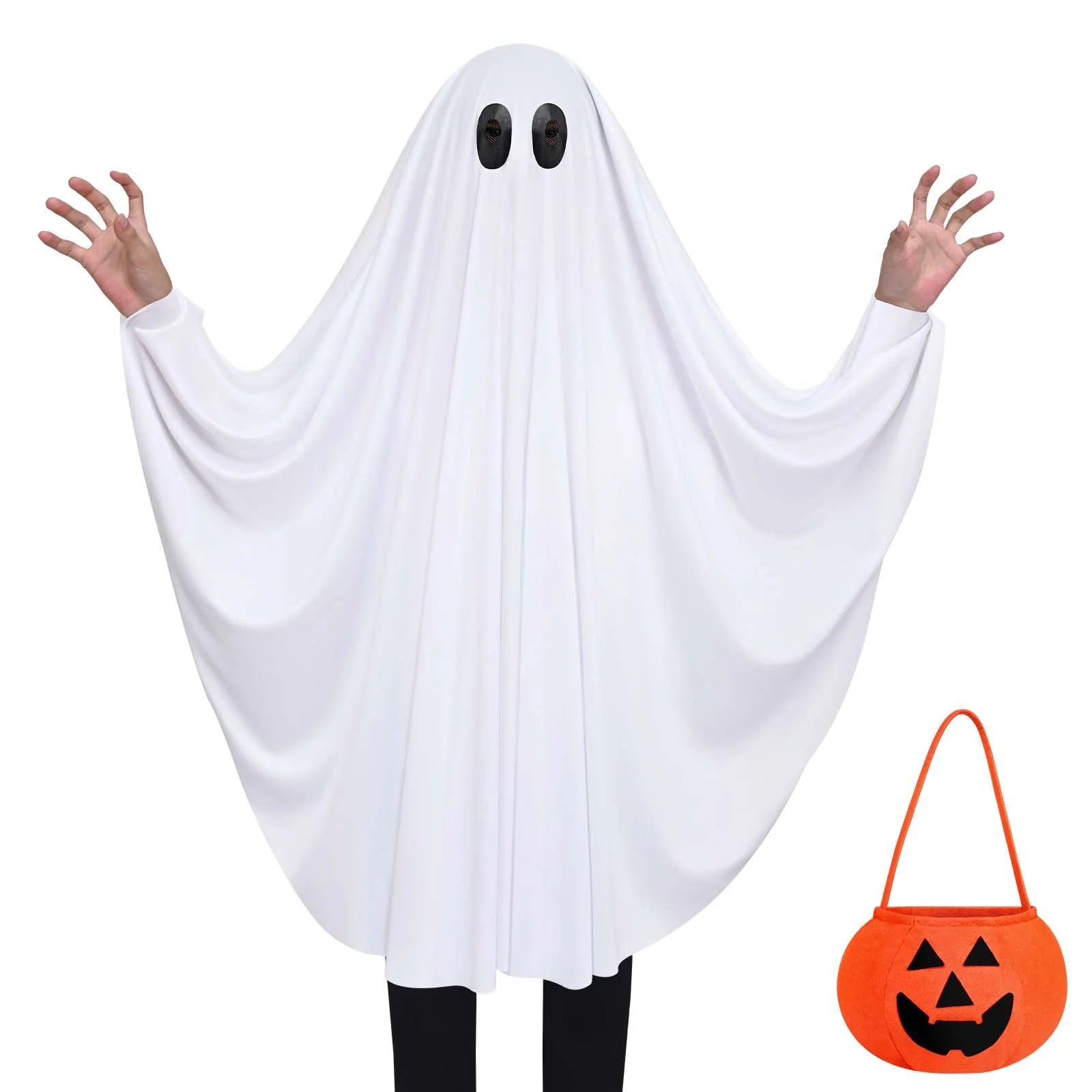 Ghost Costume for Kids with Pumpkin Bag, Spooky Halloween Costume for Boys Girls