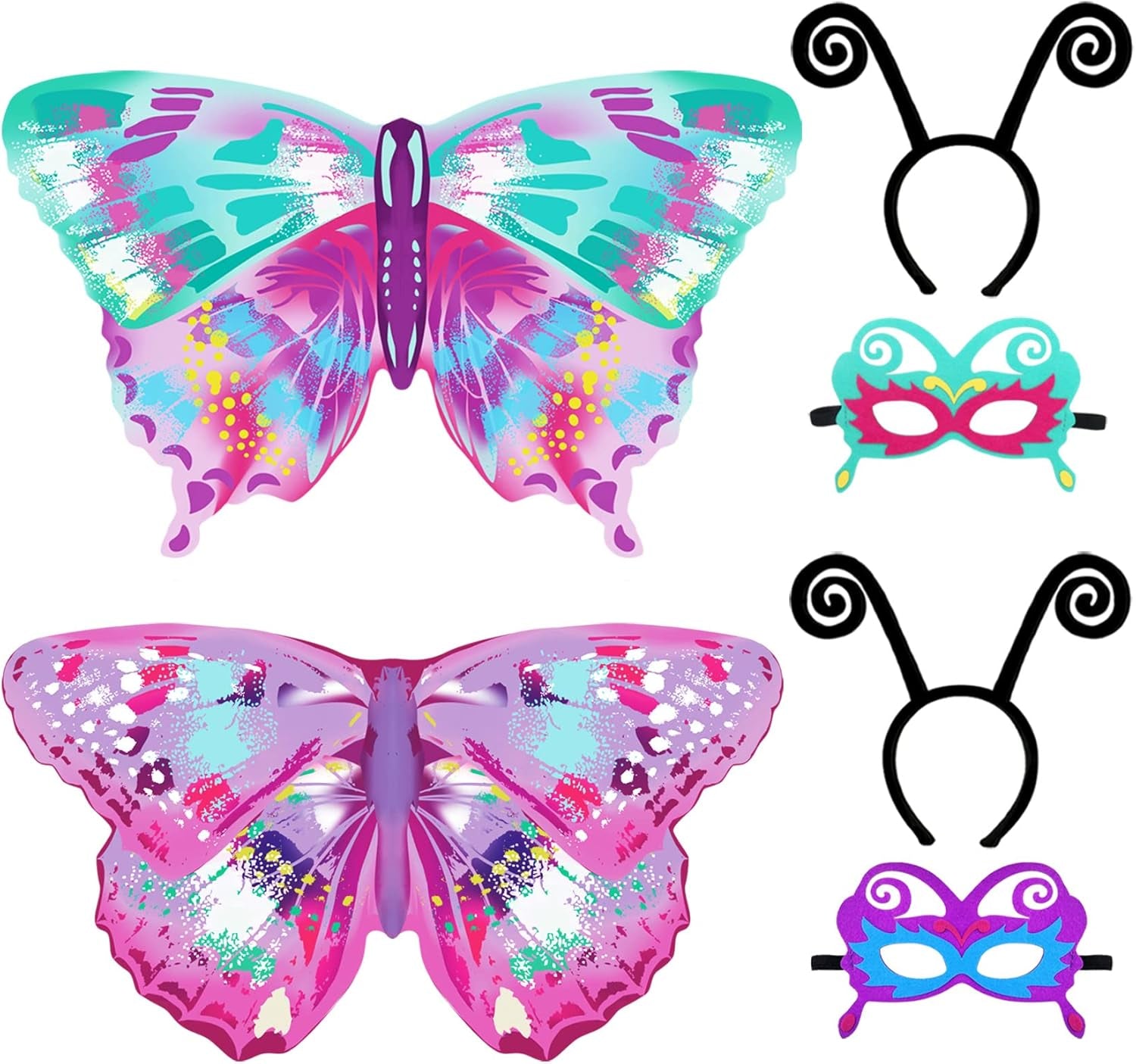 6 Pcs Kids Fairy Butterfly-Wings for Girls Halloween-Costumes with Antenna Headband Mask Party Favors