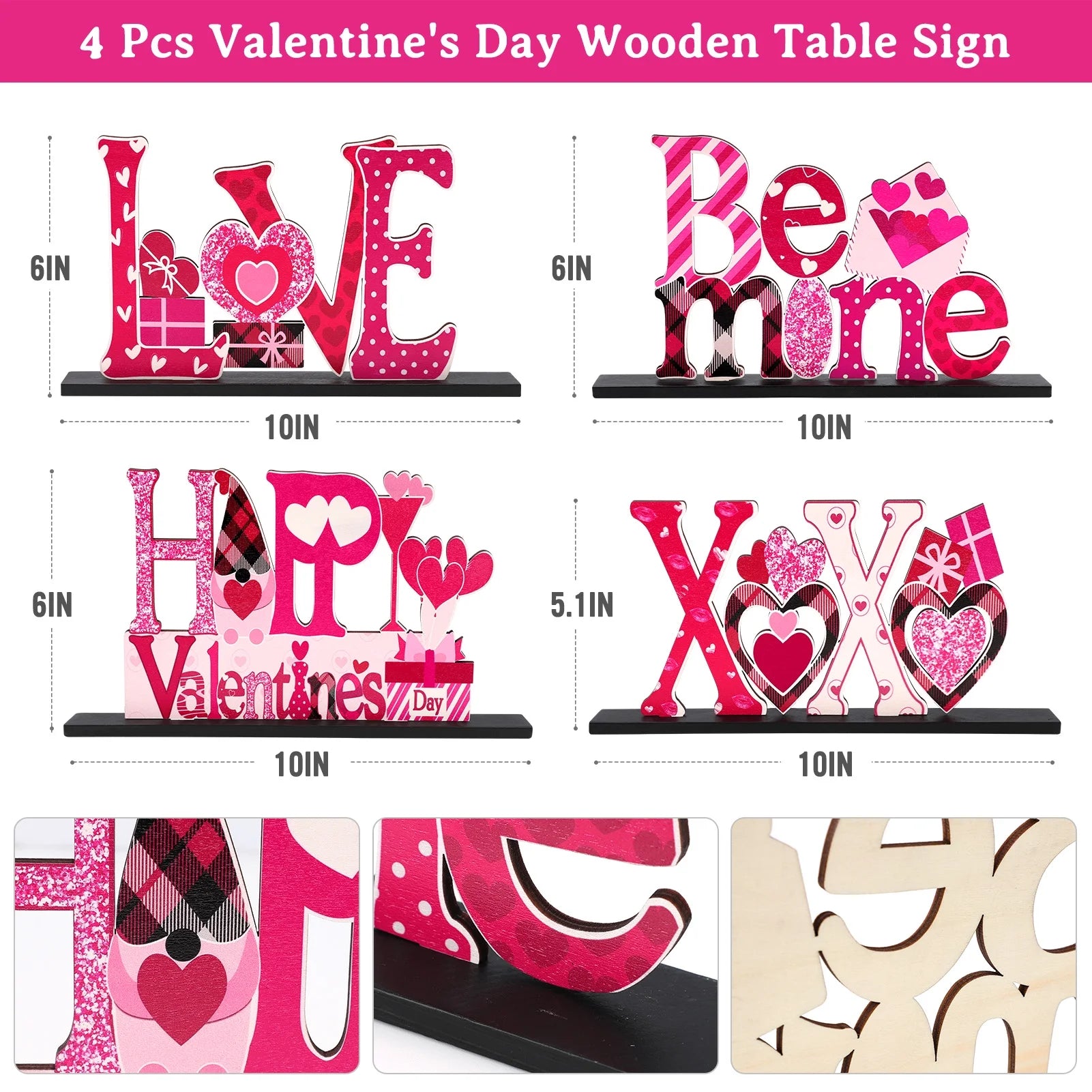 4 Pcs Valentine'S Day Decorations Love Wooden Table Sign, Romantic Tabletop Centerpiece Signs Ornaments for Gift Dining Room Table Wedding Anniversary Party Supplies Décor Tray Decor