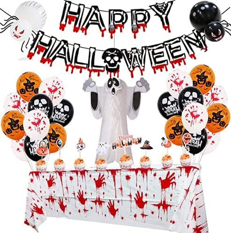 Halloween Party Decoration Set, Kids' Party Balloons Happy Halloween Banner Latex Balloons and Hanging Swirls for Halloween Bar Home Decor (Blood Wallpaper)