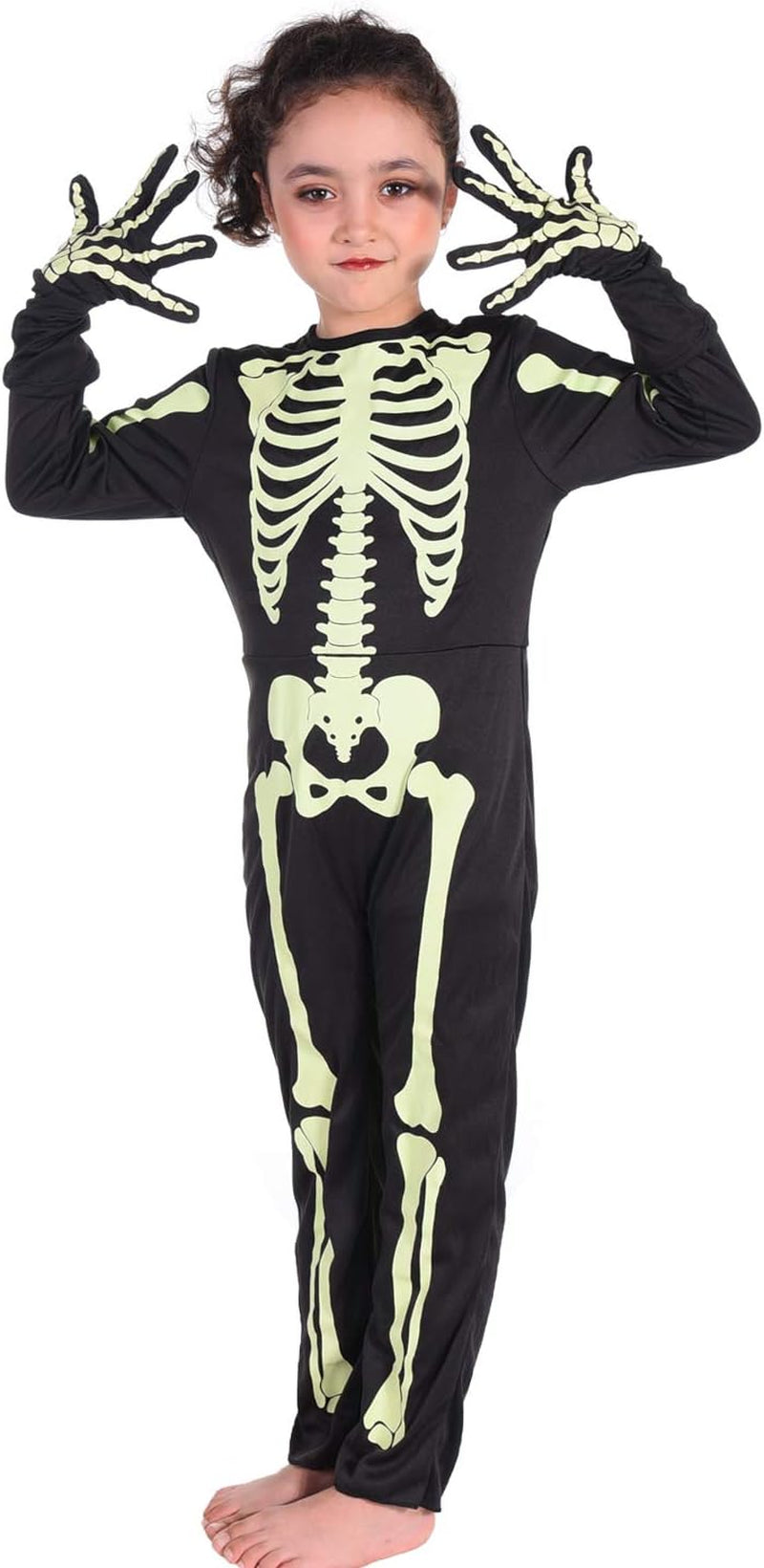 Kids Halloween Skeleton Costumes Glow in the Dark White Bones Stretch Body Suit for Boys Girls