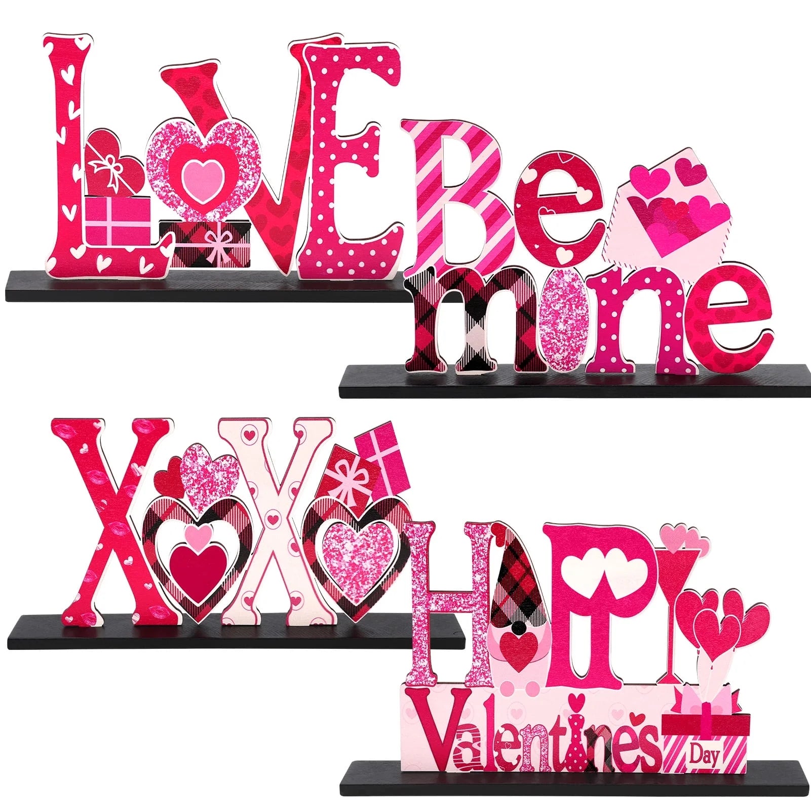 4 Pcs Valentine'S Day Decorations Love Wooden Table Sign, Romantic Tabletop Centerpiece Signs Ornaments for Gift Dining Room Table Wedding Anniversary Party Supplies Décor Tray Decor