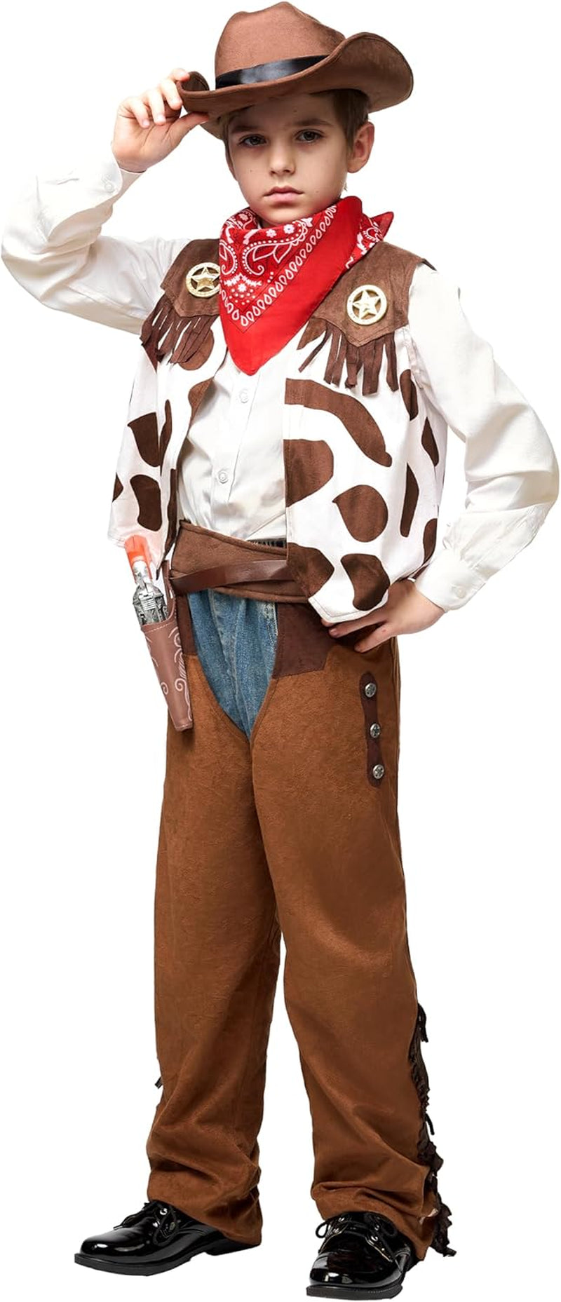 Halloween Cowboy Hat Costume for Boys, Kids White Brown Western Costume, Deluxe Cowboy Outfit Set for Toddler Halloween Roleplay Themed Party (3T, 3-4 Yrs)