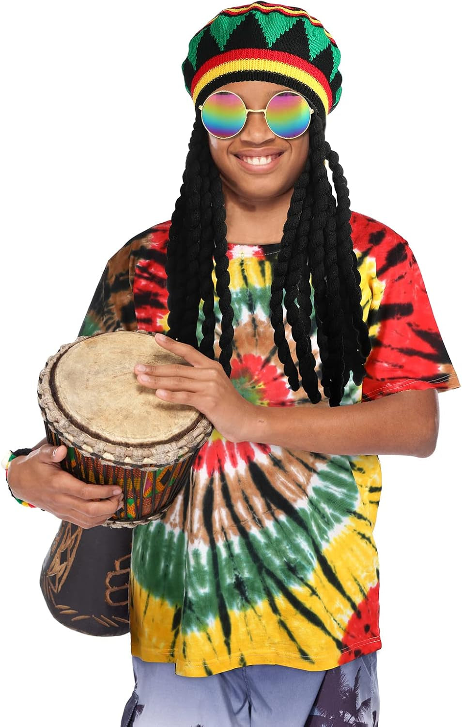 Rasta Costumes Hat with Dreadlock Wig Tie Dye T Shirt for Men Women Sunglasses Reggae Accessories 3 Pcs