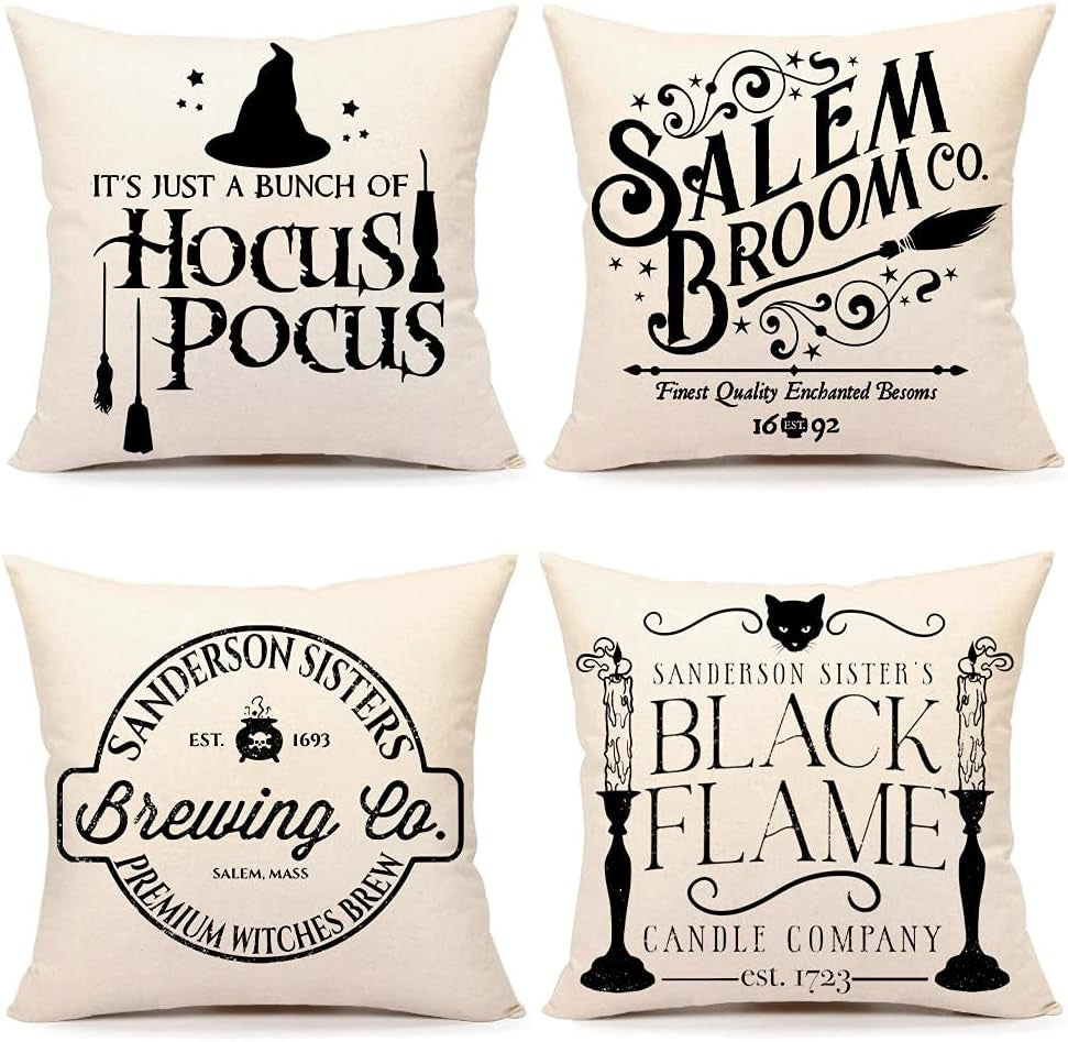 Halloween Decor Pillow Covers 18X18 Set of 4 Halloween Decorations Hocus Pocus Farmhouse Saying Outdoor Fall Pillows Decorative Throw Cushion Case for Home Couch TH023-18