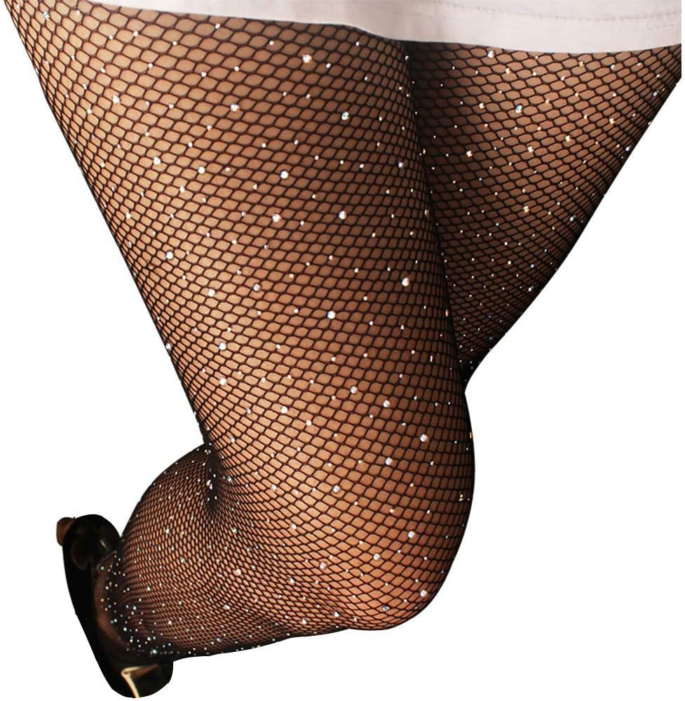 Sexy Jeweled Sparkly Diamond Fishnet Stockings High Waist Tights Shiny Rhinestone Sheer Pantyhose with Bling Crystals