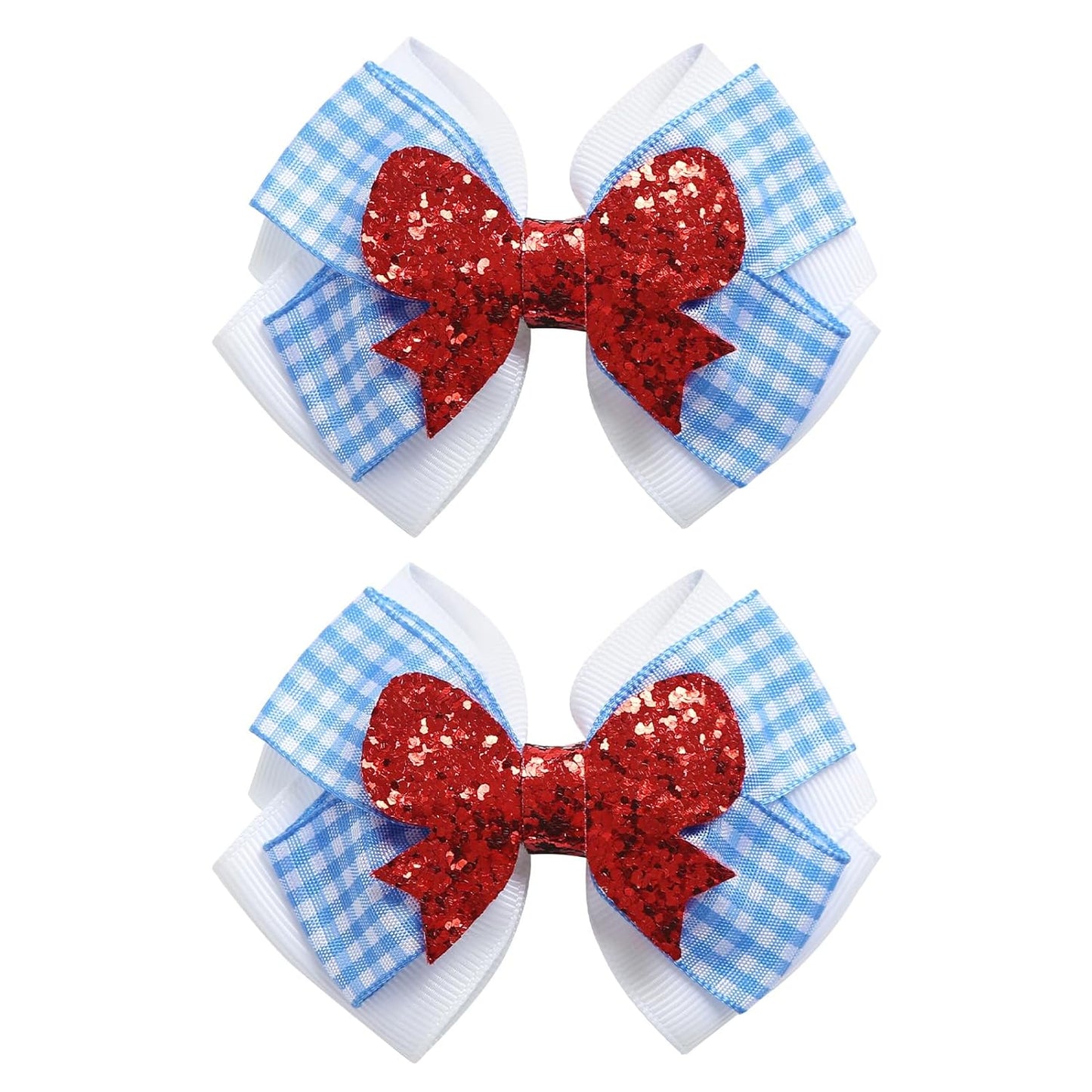 2PC Blue White Gingham Hair Bow Clips 3.5 Inch Checker Pigtail Bows Wizard Halloween Costume Accessories for Dorothy