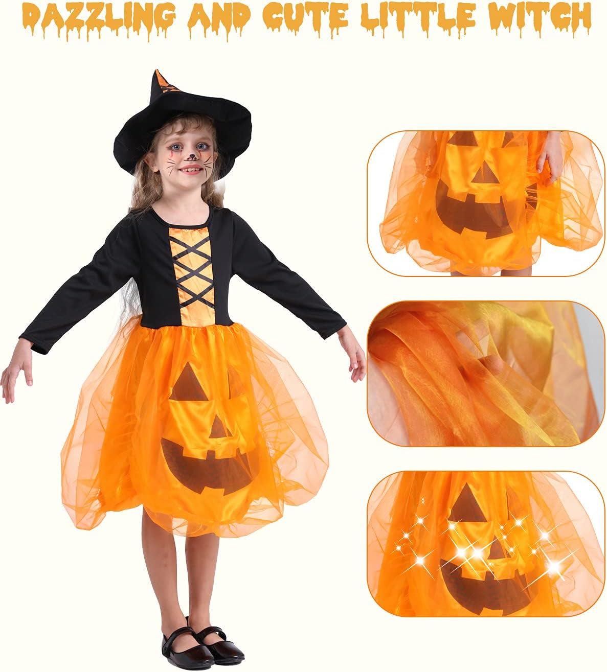 Pumpkin Costume with Witch Hat for Girls, Orange Pumpkin Dress with Long Sleeve for Cosplay, Costume,Birthday, Christmas Day Party (Large)