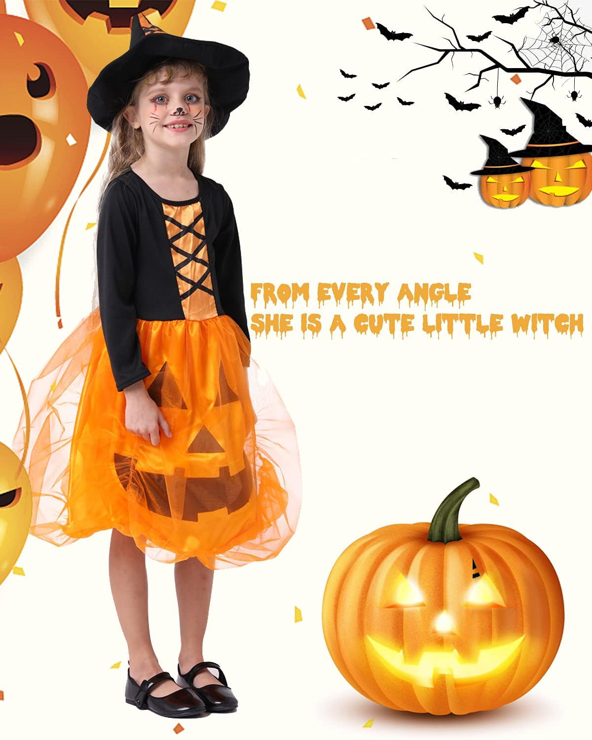 Pumpkin Costume with Witch Hat for Girls, Orange Pumpkin Dress with Long Sleeve for Cosplay, Costume,Birthday, Christmas Day Party (Large)