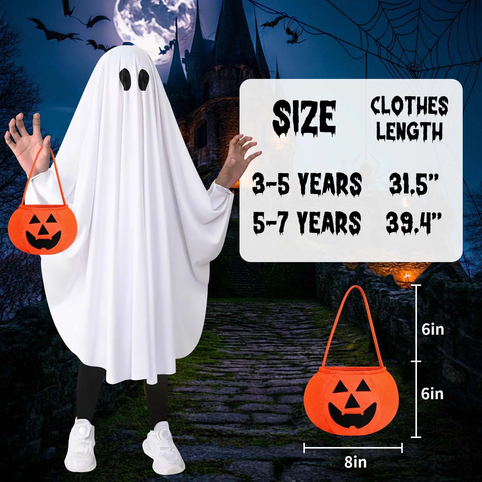 Ghost Costume for Kids with Pumpkin Bag, Spooky Halloween Costume for Boys Girls