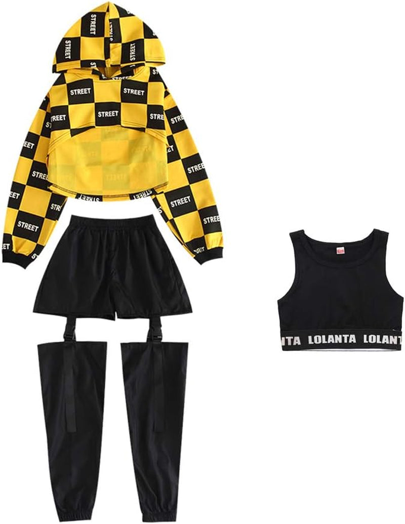 Girls Street Dance Costume Hip Hop Checkered Hoodie Sweatshirt Joggers Pants Outfits