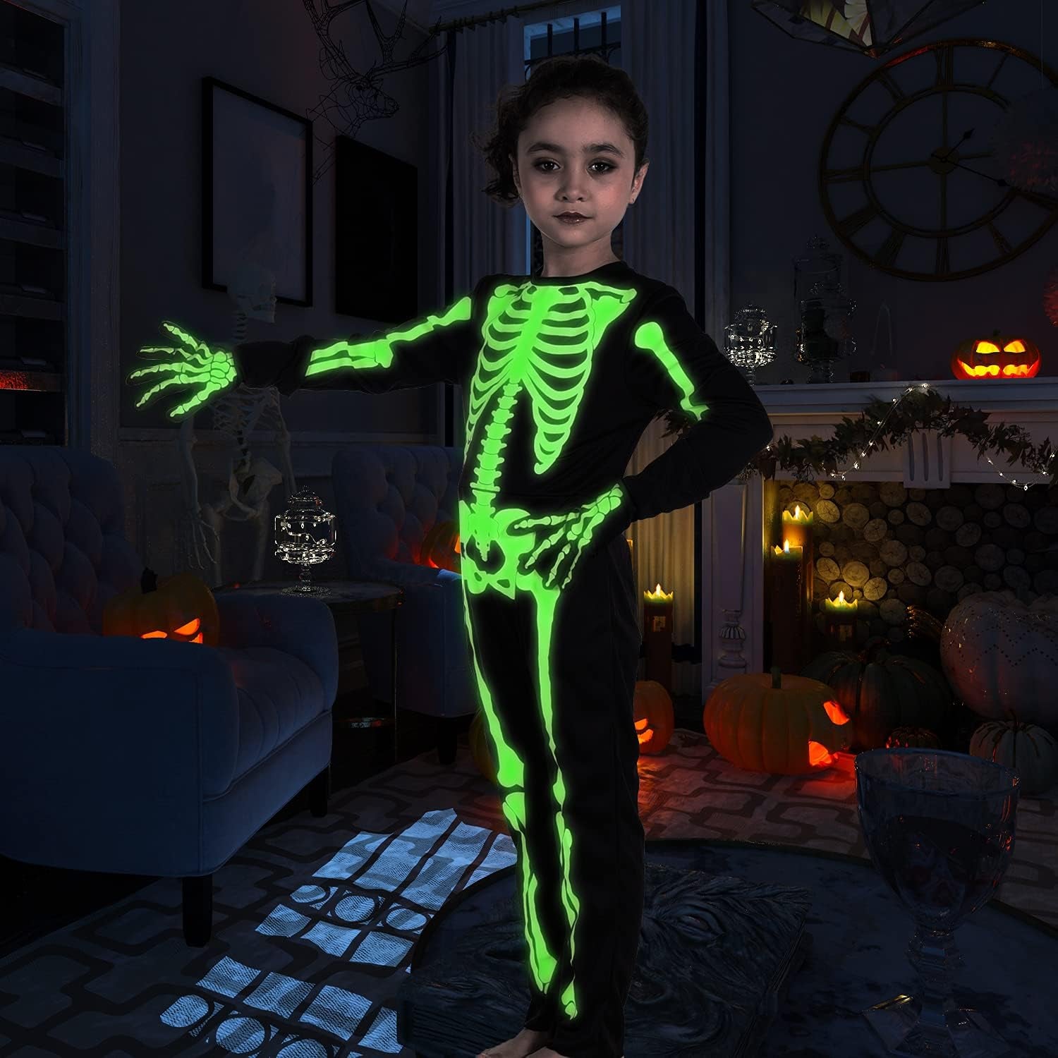 Kids Halloween Skeleton Costumes Glow in the Dark White Bones Stretch Body Suit for Boys Girls