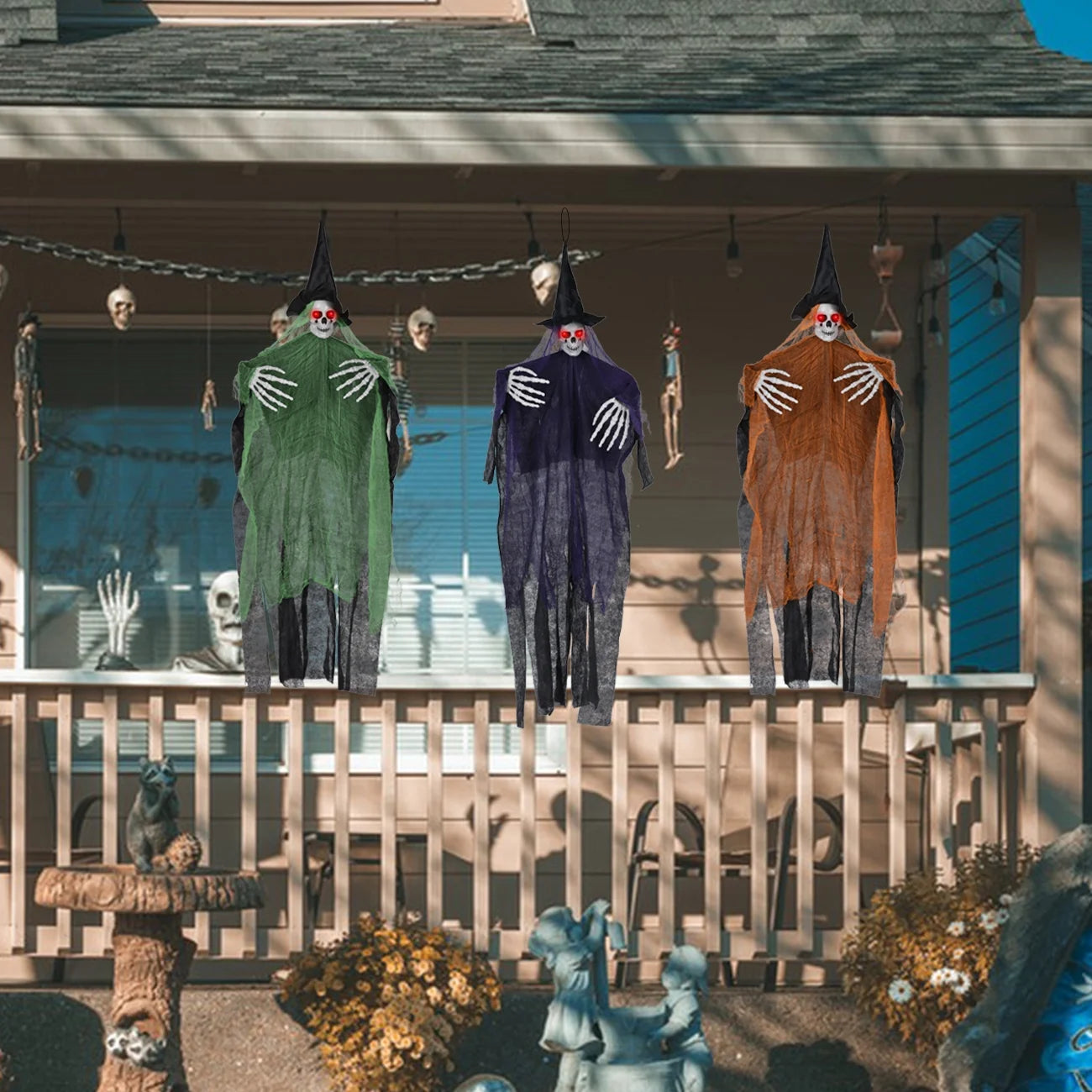 Halloween Hanging Grim Reapers 3 Pack 47" Hanging Skeleton Ghost Decorations Outdoor with Glowing Eyes for Halloween Haunted House Props Yard Outdoor Halloween Decorations