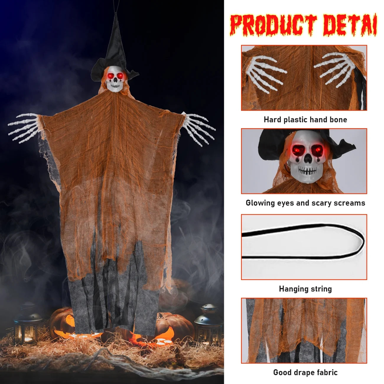 Halloween Hanging Grim Reapers 3 Pack 47" Hanging Skeleton Ghost Decorations Outdoor with Glowing Eyes for Halloween Haunted House Props Yard Outdoor Halloween Decorations