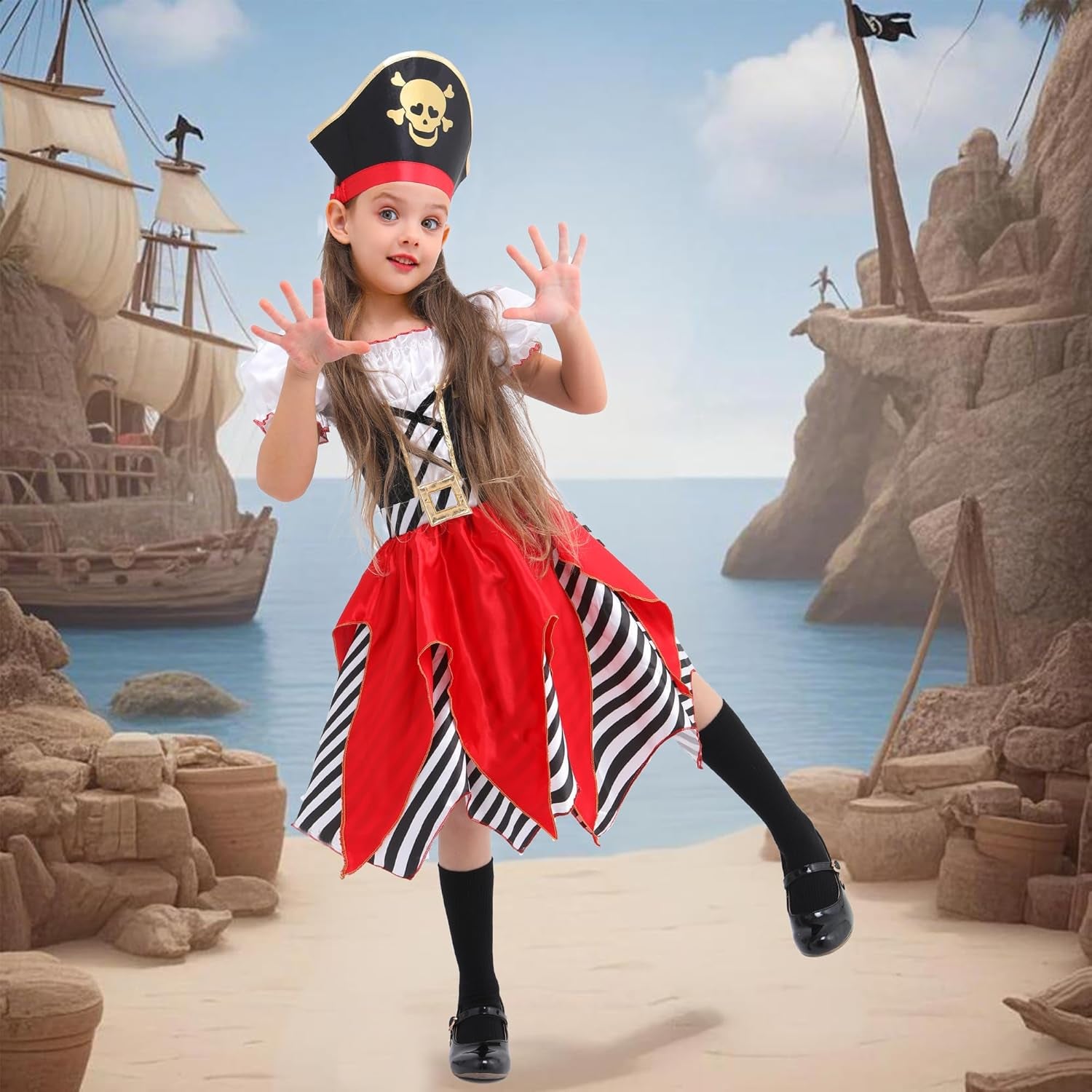 Girls Deluxe Pirate Costume,Buccaneer Princess Dress for Kids