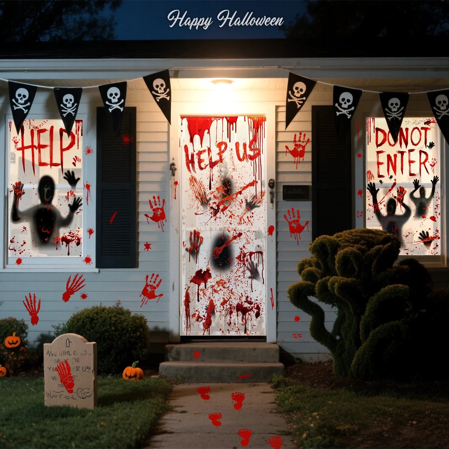 Halloween Window Clings for Halloween Decoration, Scary Halloween Window Stickers with Handprint Footprint