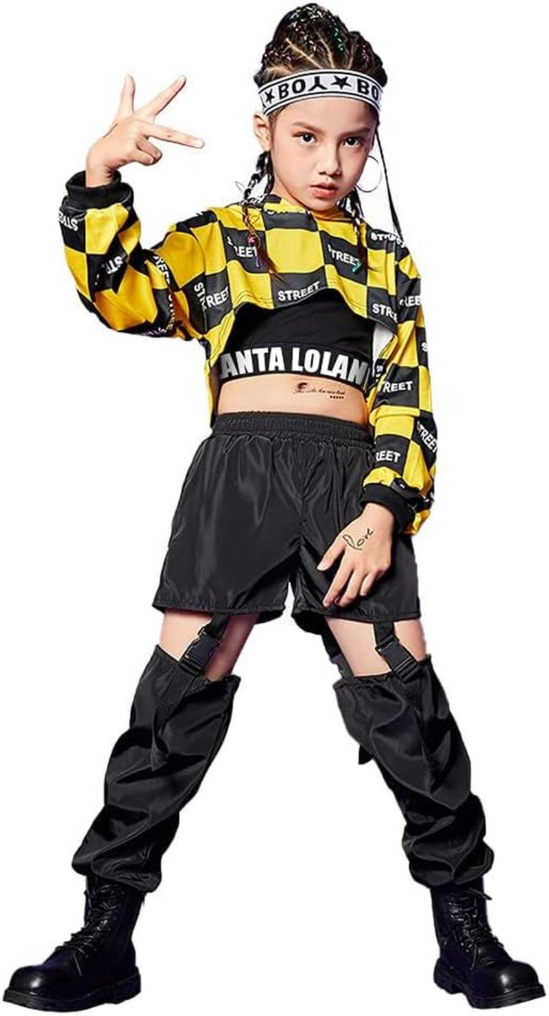 Girls Street Dance Costume Hip Hop Checkered Hoodie Sweatshirt Joggers Pants Outfits