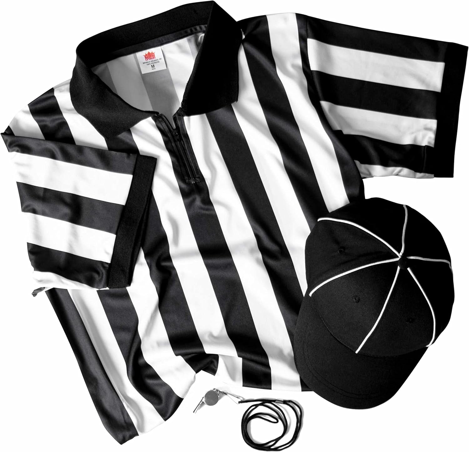 Referee Necessities Men'S Bundle - Black & White Striped Official Jersey, Umpire Hat, & Stainless Steel Ref Pea Whistle with Lanyard - Pro/Amateur Team Sports Costume Apparel Kit for Men
