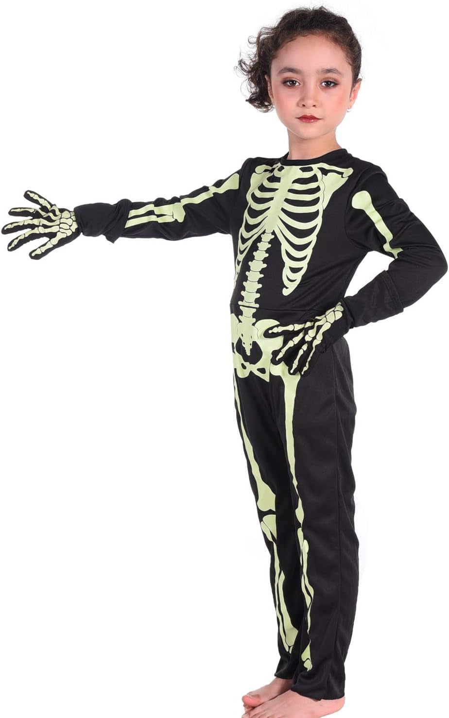 Kids Halloween Skeleton Costumes Glow in the Dark White Bones Stretch Body Suit for Boys Girls