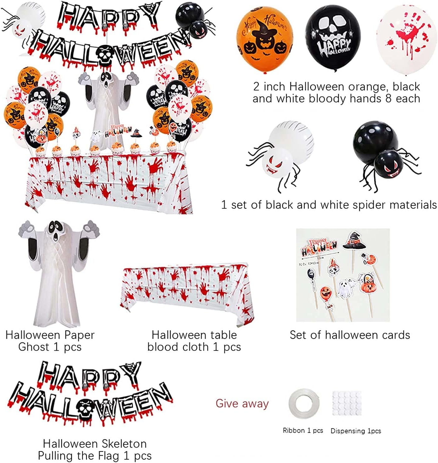 Halloween Party Decoration Set, Kids' Party Balloons Happy Halloween Banner Latex Balloons and Hanging Swirls for Halloween Bar Home Decor (Blood Wallpaper)