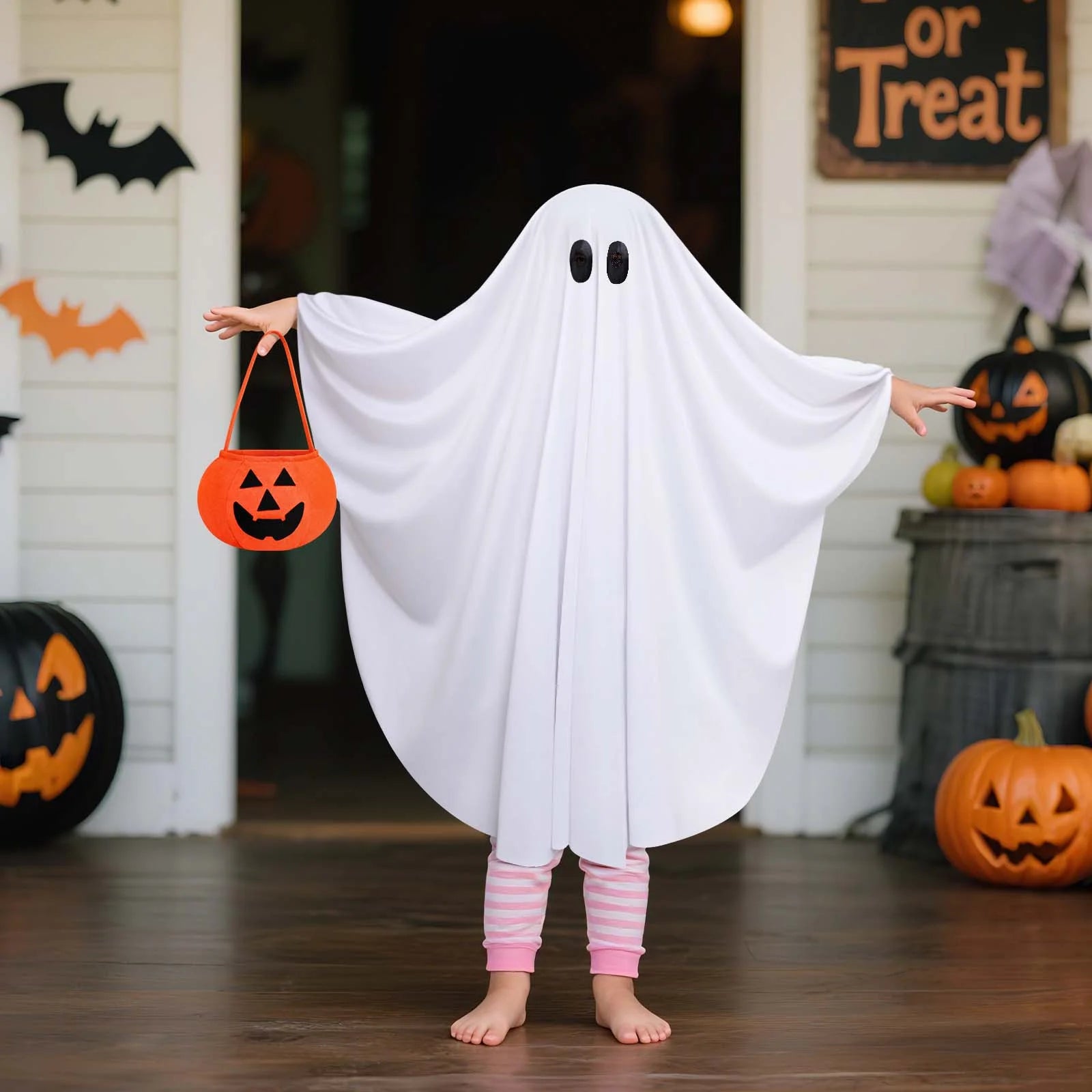 Ghost Costume for Kids with Pumpkin Bag, Spooky Halloween Costume for Boys Girls