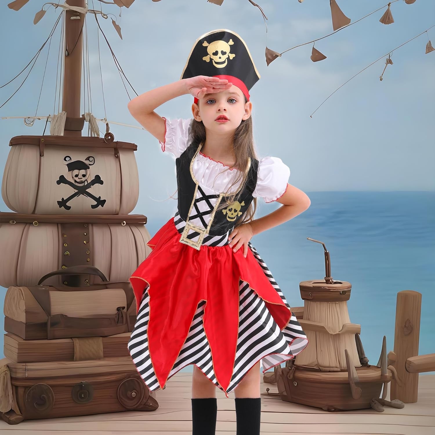 Girls Deluxe Pirate Costume,Buccaneer Princess Dress for Kids