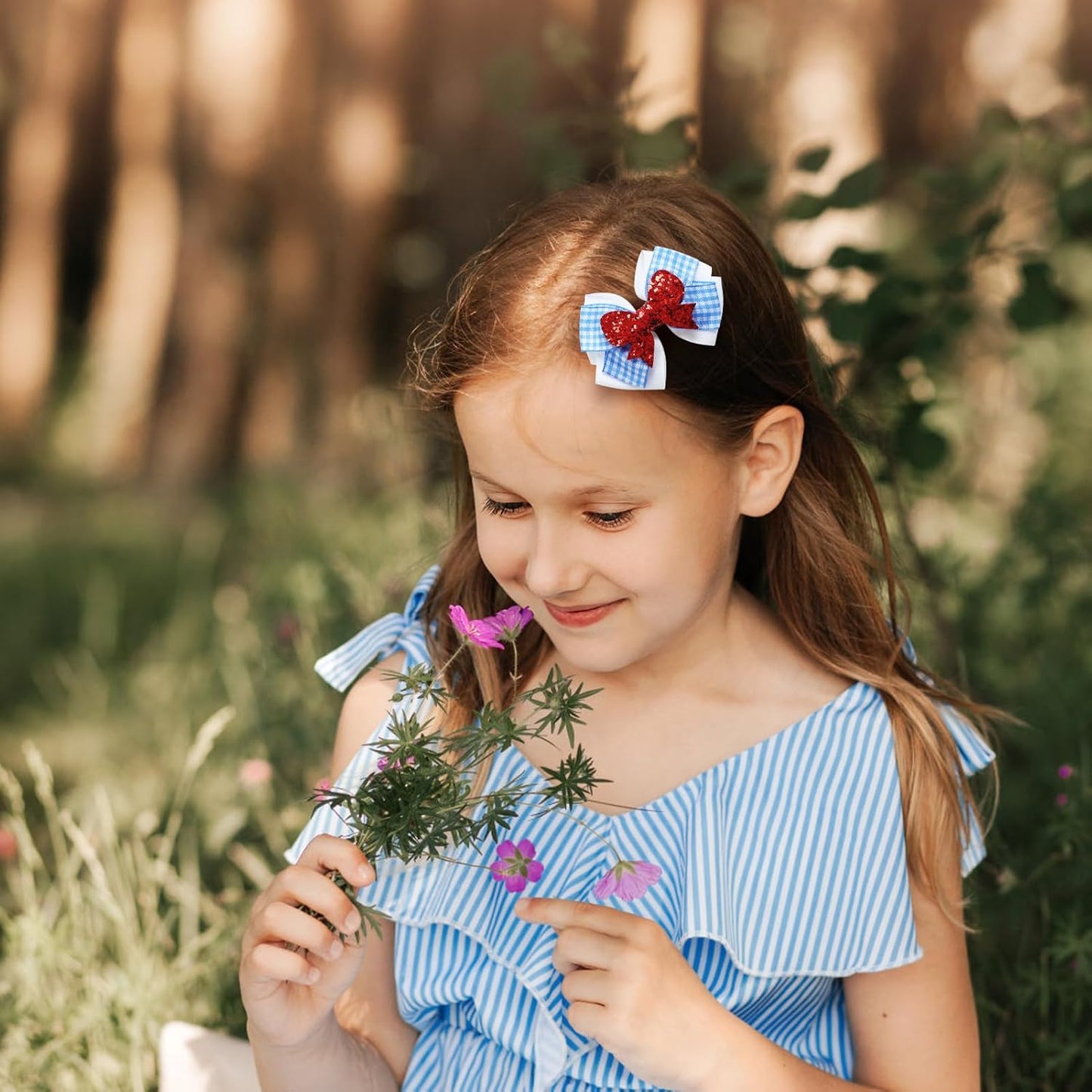2PC Blue White Gingham Hair Bow Clips 3.5 Inch Checker Pigtail Bows Wizard Halloween Costume Accessories for Dorothy