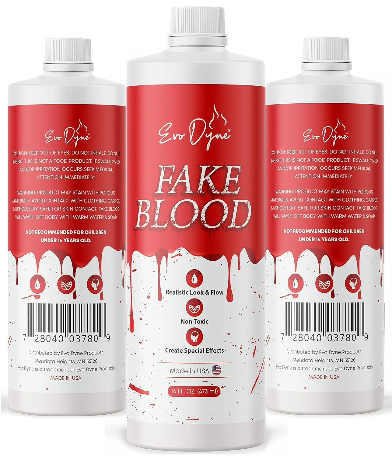 3-Pack Fake Blood (16 FL OZ), Made in USA | Halloween Vampire Blood Bottle for Costumes Including Zombie, Vampire and Other Dress up Needing a Gory Scene - Looks & Feels like Real Blood